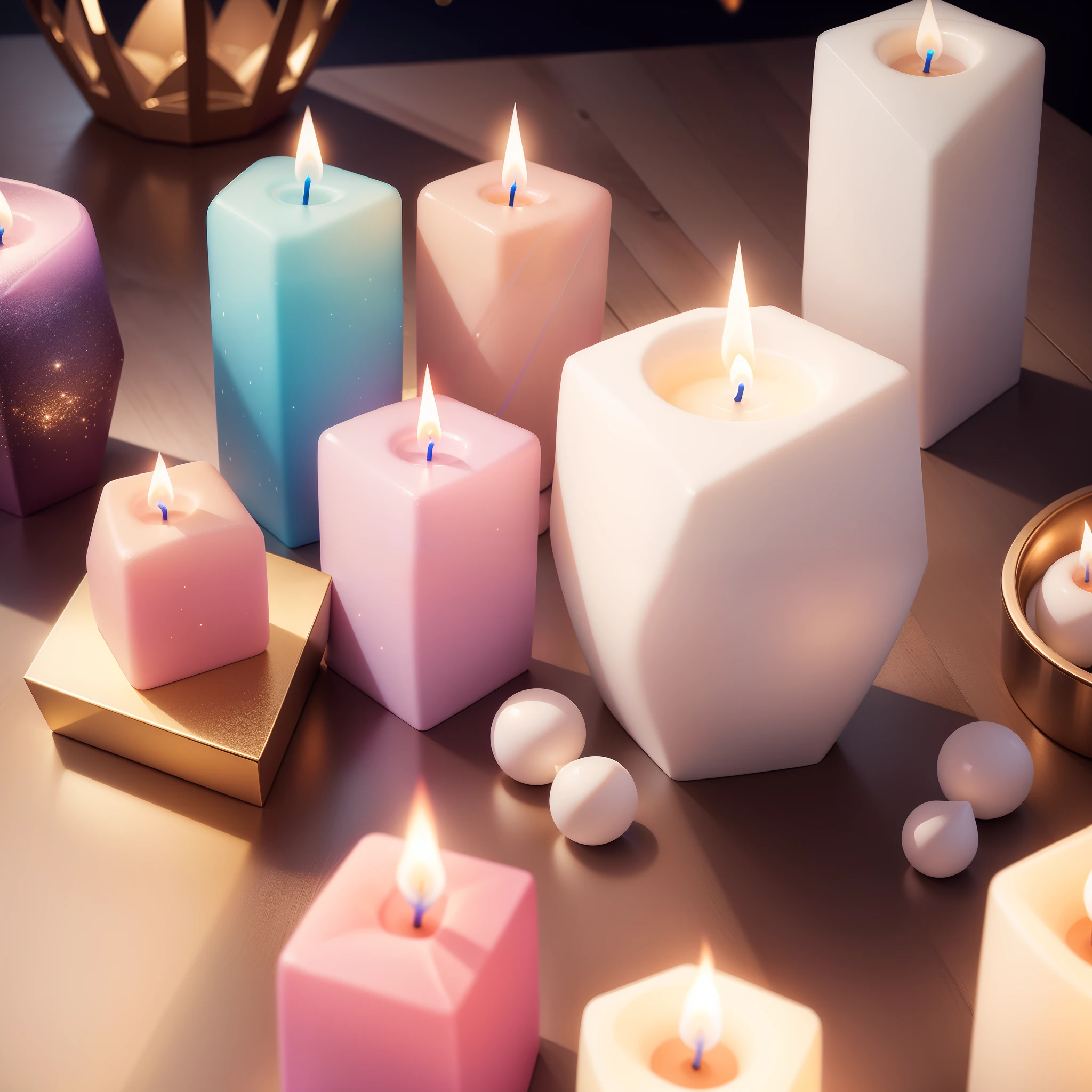 Velas floridas e delicadas, candles in pastel tones, velas com brilhos, velas com glitter, velas em formas de flores, in geometric shapes, hyper realistic, super realísta, 8K.