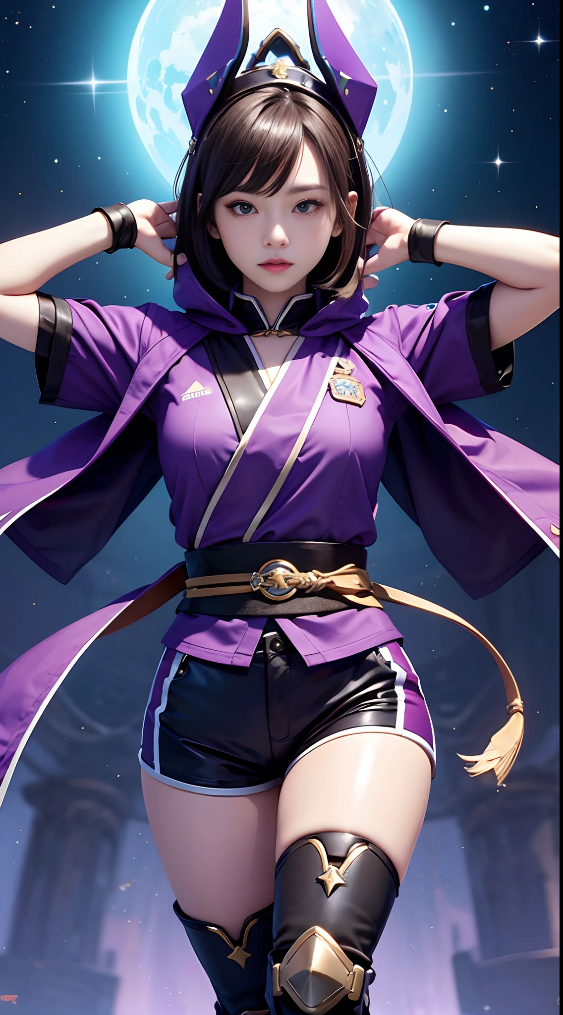 the world has seen hope reborn with the emergence of a young black-haired korean heroine named selestial captain she wears black boots and sash black gloves, purple shorts, purple shirt with a star design, purple hood and holds a sword in her hands star