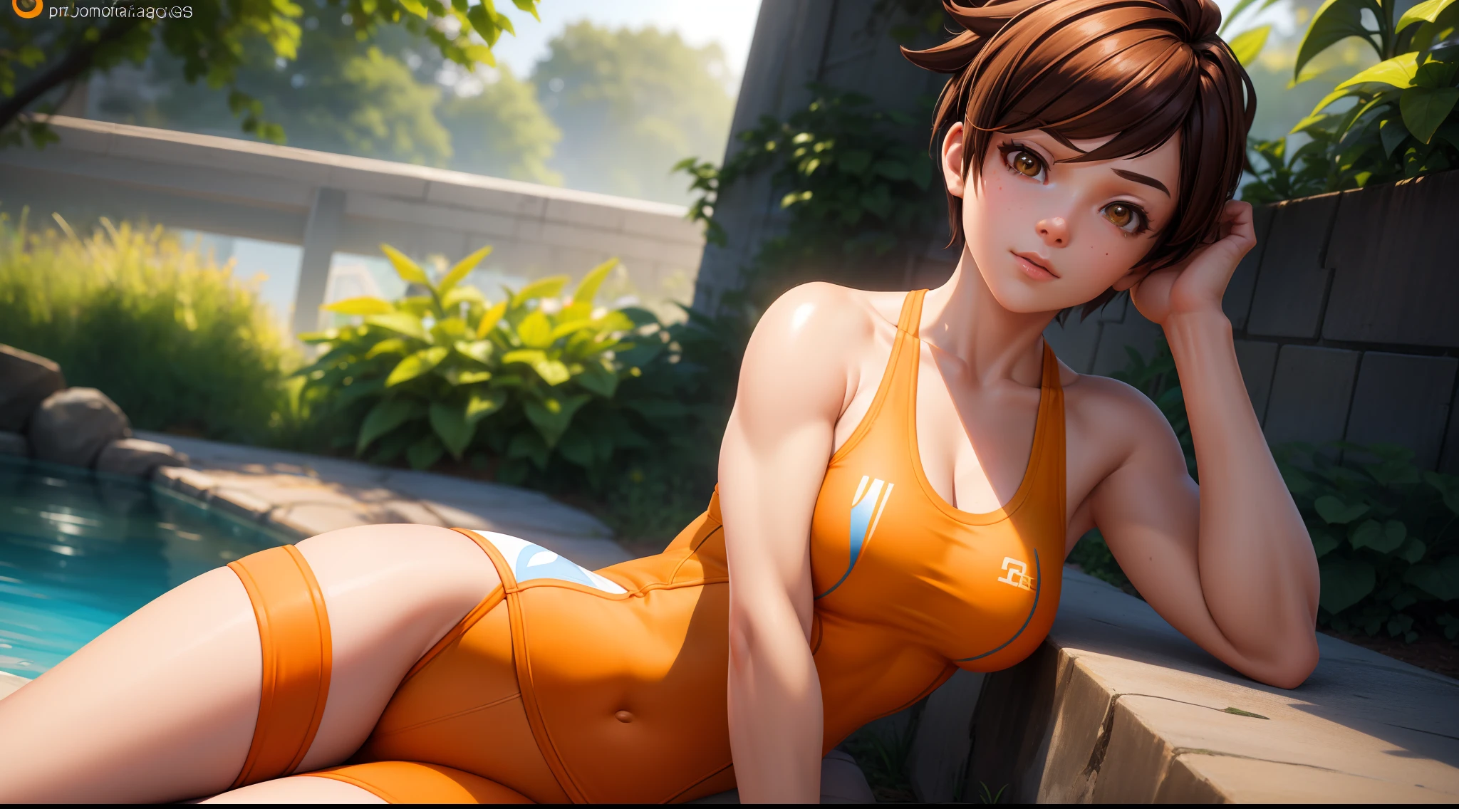 focused upper body, 1 girl, sitting pose, tracer overwatch, orange yoga outfit, sparkling eyes, brown short hair, garden background, nice perfect face with soft skin, intricate detail, 8k resolution, masterpiece, 8k resolution photorealistic masterpiece, professional photography, natural lighting, detailed texture