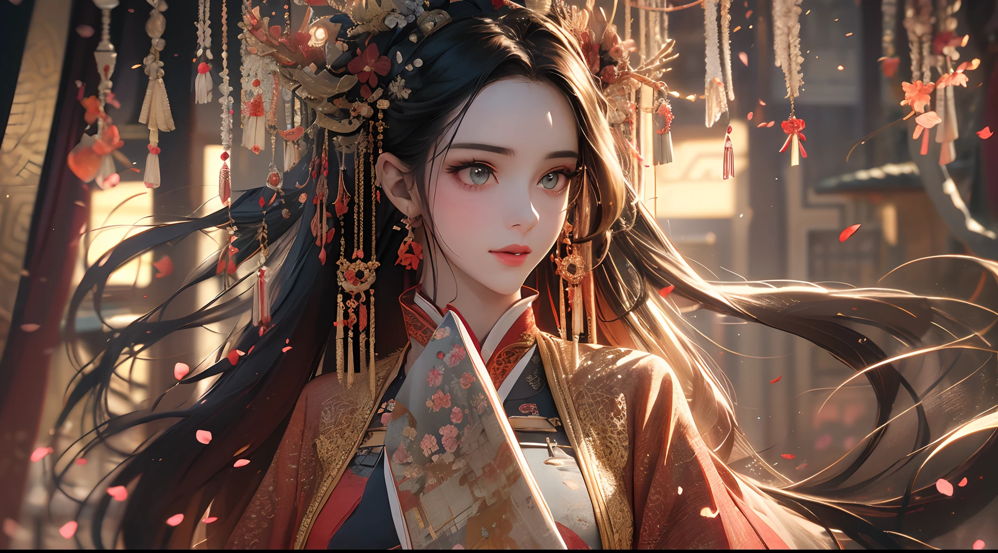 Official Art, Unity 8k wallpaper, super detailed, beautiful, beautiful, masterpiece, best quality, mystery, romanticism, horror, literature, art, fashion, Tang dynasty era, decoration, intricate, embroidery, red hanfu, red tulle coat, 1 girl, black hair, red headband, red hairpin, sad, fatalistic, bust composition, dramatic composition, movie lighting, dynamic perspective, sexy, nudity, full of temptation, red maple forest, maple leaves falling, red maple background, cloudy fog, dramatic composition,