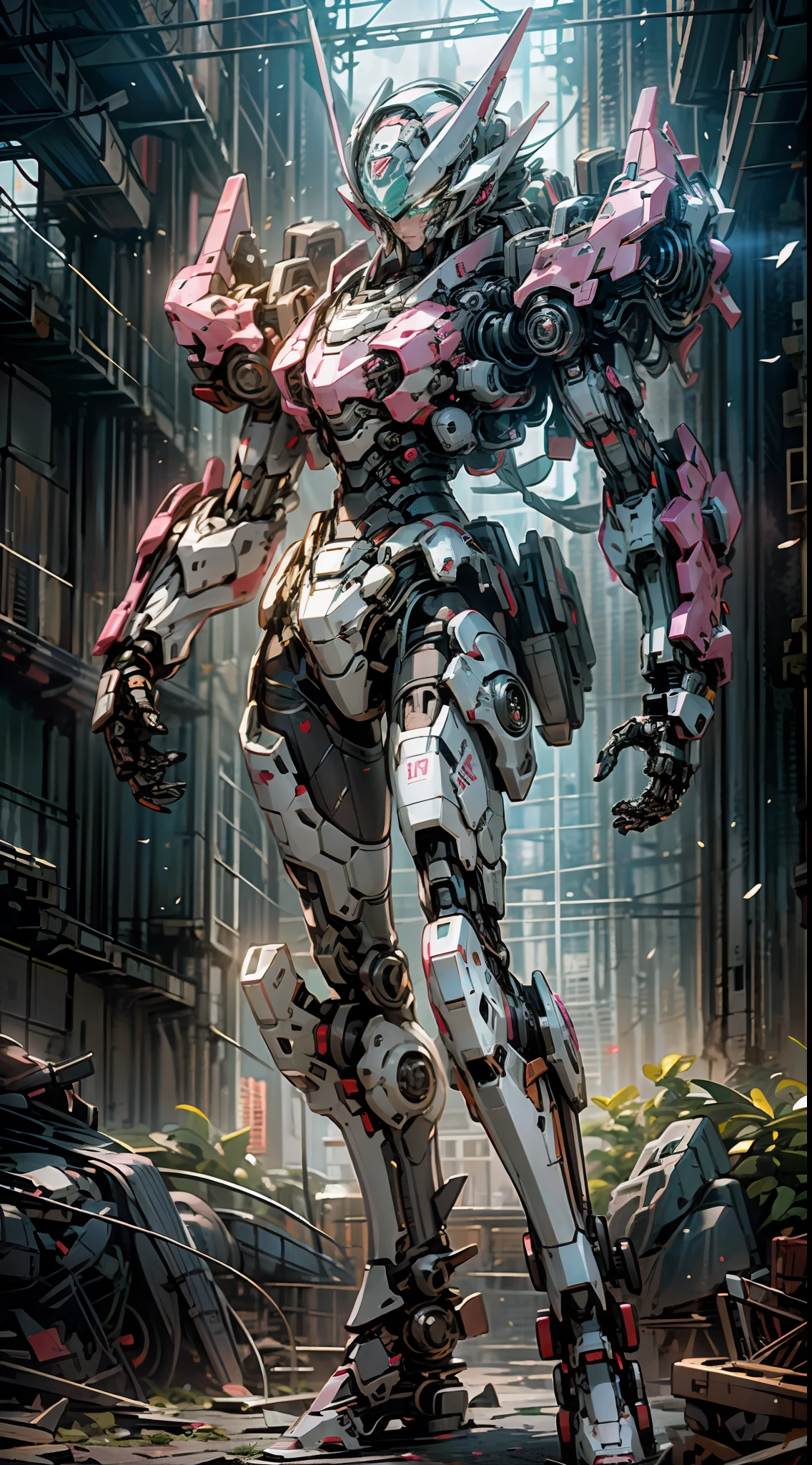((Best Quality)), ((Masterpiece)), (Very Detailed:1.3), 3D, Shitu-mecha, pink she mech warrior in the ruins of a future city, Ancient technology, HDR (High Dynamic Range), ray tracing, NVIDIA RTX, super resolution, unreal 5, subsurface scattering, PBR texture, post-processing, anisotropic filtering, depth of field, maximum sharpness and sharpness, multi-layer texture, albedo and highlight maps, surface shading, Accurate simulation of light-material interactions, perfect proportions, octane rendering, duotone lighting, low ISO, white balance, rule of thirds, wide aperture, 8K RAW, efficient sub-pixels, subpixel convolution, luminescent particles, light scattering, Tyndall effect