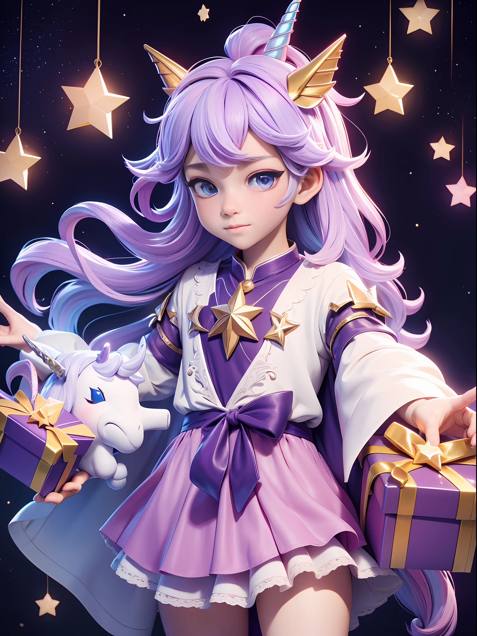 unicorn boy is holding a gift box, stars, dream, masterpiece, 3dmm style