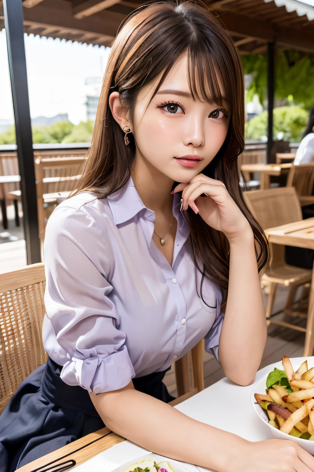 first-person-view, (masterpiece:1.3), high resolution, ultra detailed, extremely detailed CG unity 8k wallpaper, realistic, photo-realistic, RAW photo, beautiful detailed face, pale skin, realistic glistening skin, detailed cloth texture, detailed hair texture, Perfect body, Beautiful Face, accurate, Anatomically correct, Highly detailed face and skin texture, natural neck length, (beautiful hands), (fair skin:1.2), Thin legs, Thin feet, Well-aligned teeth,
BREAK,
Detailed eyes, symmetric eyes, Light Brown eyes, Double eyelids, Thin eyebrows, (Glossy lips:1.4), (sleepy face:1.2), (blush:1.3),
BREAK,
(A Classy and Cute girl:1.3), (wearing a classy (Light Purple) Button shirt:1.2), ((Navy) long irregular hem skirt:1.2), close the button, (long skirt),
medium breasts, (slender figure:1.1), firm abs, beautiful clavicle,
(Dark blonde hair, wavy hair, long hair:1.2), ((asymmetrical bangs:1.2)),
BREAK,
(On the table, (there are yakitori, French fries, salad, and 'takoyaki' ):1.2), (Sitting opposite on the chair), ((resting your elbow on the table with gently lifted up her chin:1.3)),
(in the outdoor 'Biergarten' of Japan at night)), (night), (night), (night), (Upper body shot:1.2), looking at viewer, from front,