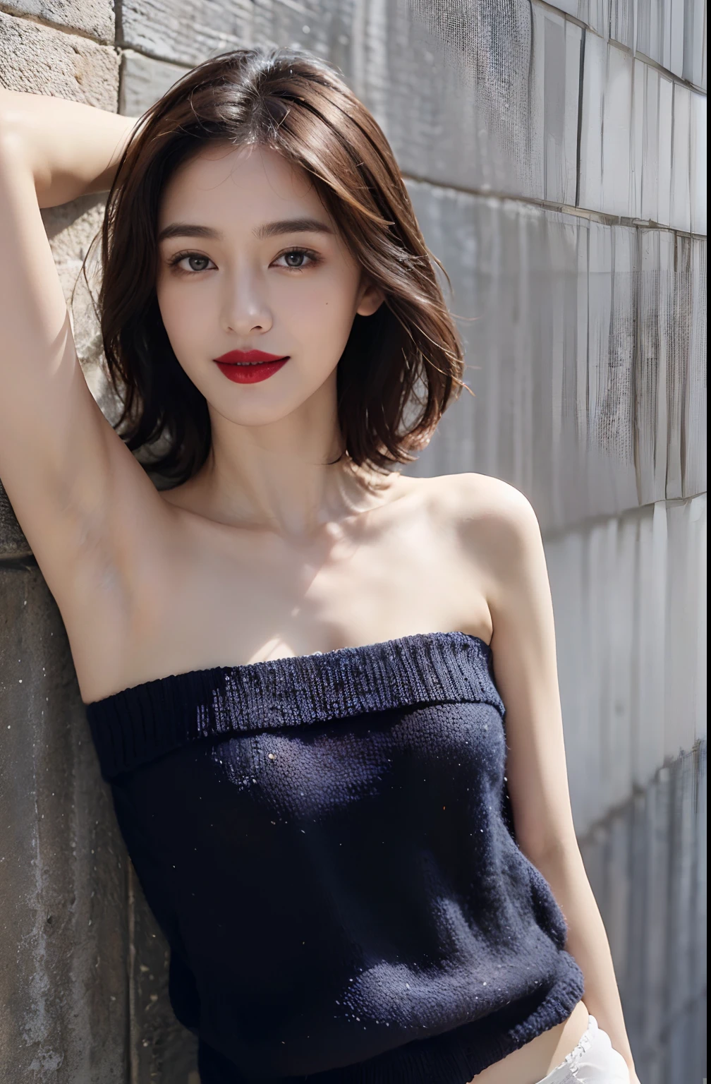 (Show underarms、A hyper-realistic、Armpit、Detailed armpit wrinkles、Detailed armpit pores、Realistic armpit skin、Black armpit skin、Black armpits、Detailed armpit skin、Stand up to the viewer、full body closeup、Show both armpits、White sexy panties、Stand in the city、In town、in a street), (illustratio), (hight resolution), (8K), (ighly detailed), (The best illustrations), (armpit pose、beatiful detailed eyes), (top-quality), (ultra-detailliert), (​masterpiece), (wall-paper), (详细的脸), (A smile、((40 year old woman,red lipsticks、Show realistic armpits))、Brown hair,short-hair,((Woman in navy blue strapless sleeveless sweater and white sexy panties, japanes,
