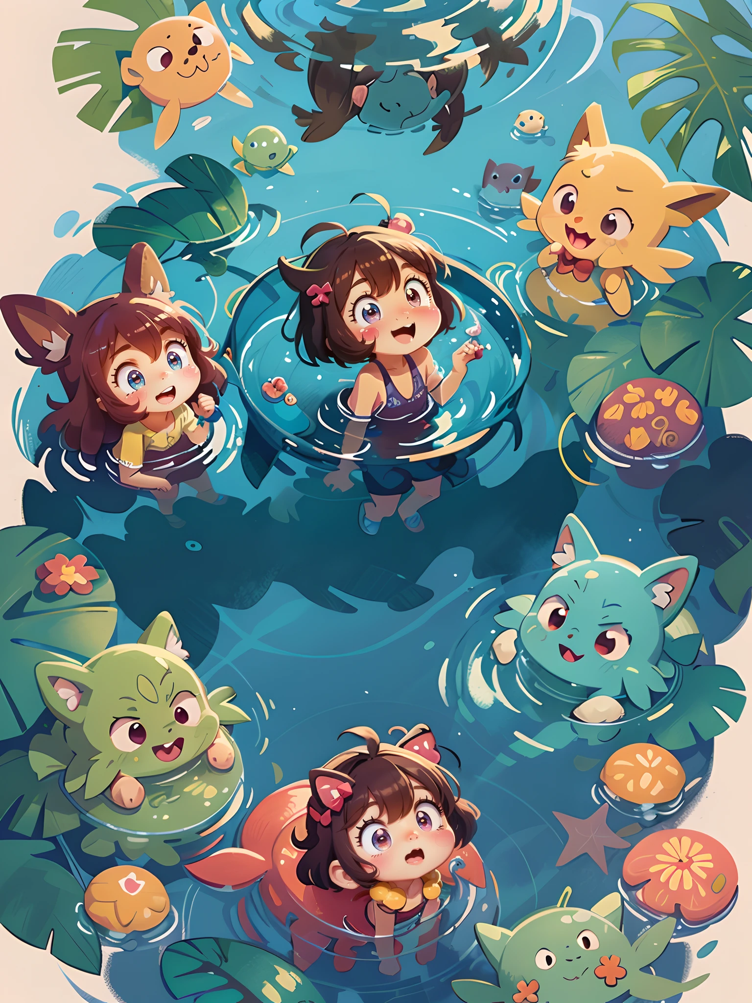 cartoon illustration of a group of Pokemons swimming in the ocean, colorful kids book illustration, colorful illustration, summer swimming party, game illustration, cute illustration, childrens art in artstation, 2. 5 d illustration, kids book illustration, animation illustrative style, in the sea, 2 d illustration, 2d illustration, a beautiful artwork illustration, colorfull illustration, beautiful shining eyes, like crystal clear glass