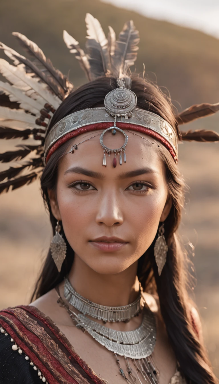 (Masterpiece, Portrait:1.2), (Capture captivating photos of Native American women's faces:1.2), (Her black hair was scattered like midnight, Composition of her features:1.1), (Her eyes are striking green, Reflecting the deep connection to the land:1.2), (The head is adorned with a meticulous Cherokee tiara:1.3), (Dressed in traditional and complex indigenous clothing,Tell the story:1.2), (Her slender figure exudes strength and elegance:1.1), (Set on a vast grassland,Overgrown with grass and wildflowers:1.1), (Nikon D850 camera, Known for capturing vibrant landscapes:1.2), (With the Nikon AF-S NIKKOR 85mm f/1.8G lens,Used to capture subtle expressions:1.2), (The sun casts a warm glow on her facial features and landscape:1.1), (Her gentle smile conveys a feeling of connection and joy:1.1), (The delicate details of the headdress symbolizing her cultural heritage:1.1), (Traditional clothing adds depth and authenticity to the photo:1.1), (The camera lens captures the intricate texture of her garments and the rich colors of her landscapes:1.1), (Her presence evokes a sense of reverence and dignity:1.1), (The steppe environment harmonizes with her indigenous roots and cultural significance:1.1), (This moment captures the proud spirit of a Native American woman in her ancestral land:1.1), (An image that resonates with tradition, identity, and the beauty of nature:1.1)), Cinematic, Hyper-detailed, insanely details, beautifully color-graded, illusory engine, degrees of freedom, Hyper-Resolution, megapixel, Cinematic lightning, Anti-aliasing, FKAA, TXAA, RTX, SSAO, post-proces, postproduction, Tone-mapping, .CGI, vfx, SFX, insanely detailed and intricate, hyper-maximalist, Ultra photo realsisim, volumetr, Photorealistic, The ultra-realistice, Ultra-detailed, Intricate details, Super detailed, Full color, Volumetric lightning, hdr, Realistic, illusory engine, 16k, Sharp focus, rendering by octane, valkyrie
