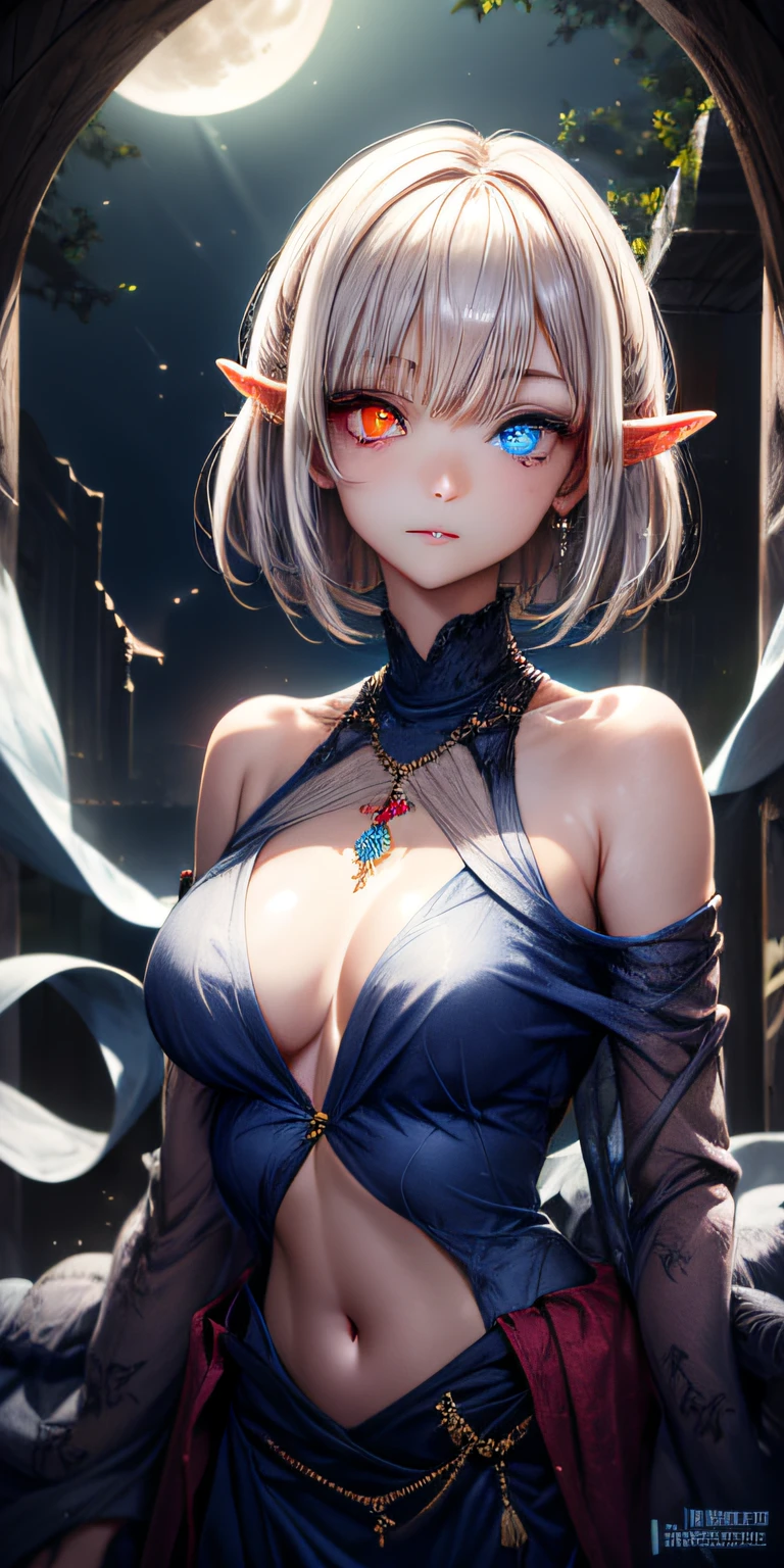 ​masterpiece, top-quality, ultra-detailliert, illustratio,(1girl),beatiful detailed eyes, Look at viewers, a closeup, (breasts focus), white short hair, full of shyness, Cat's ears, ((Shining blue necklace)), moon in background, (Blue and red eyes), thick lip, ((heterochromia iridis)), tiny chest, (turtle necked sweater)、elvish