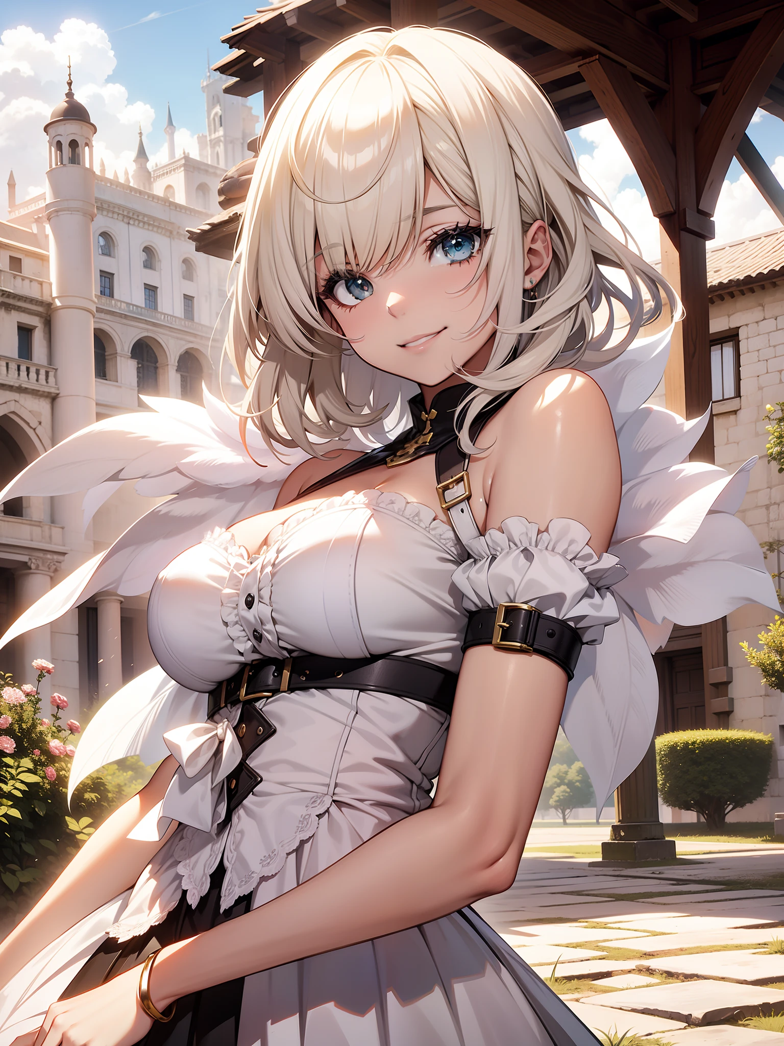 Chica de anime con cabello blanco y corto, y ojos verdes, cuerpo sensual, hermosa sonrisa, castillo de paisaje,