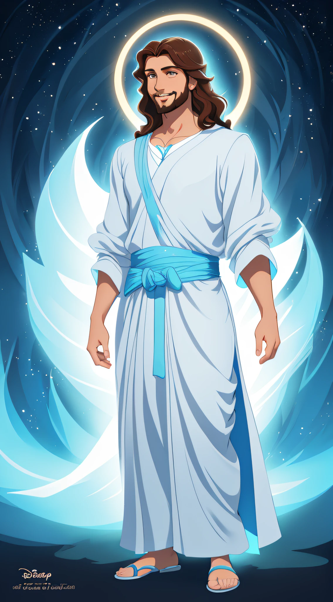 Original art quality, full body picture, Disney character animation style, young and handsome Jesus God, standing posture, hands naturally placed on both sides, looking ahead, gentle expression and smiling, eyes full of light, background light blue, translucent, with light as the theme, the focus of light is on the characters, the overall picture is fresh and bright.