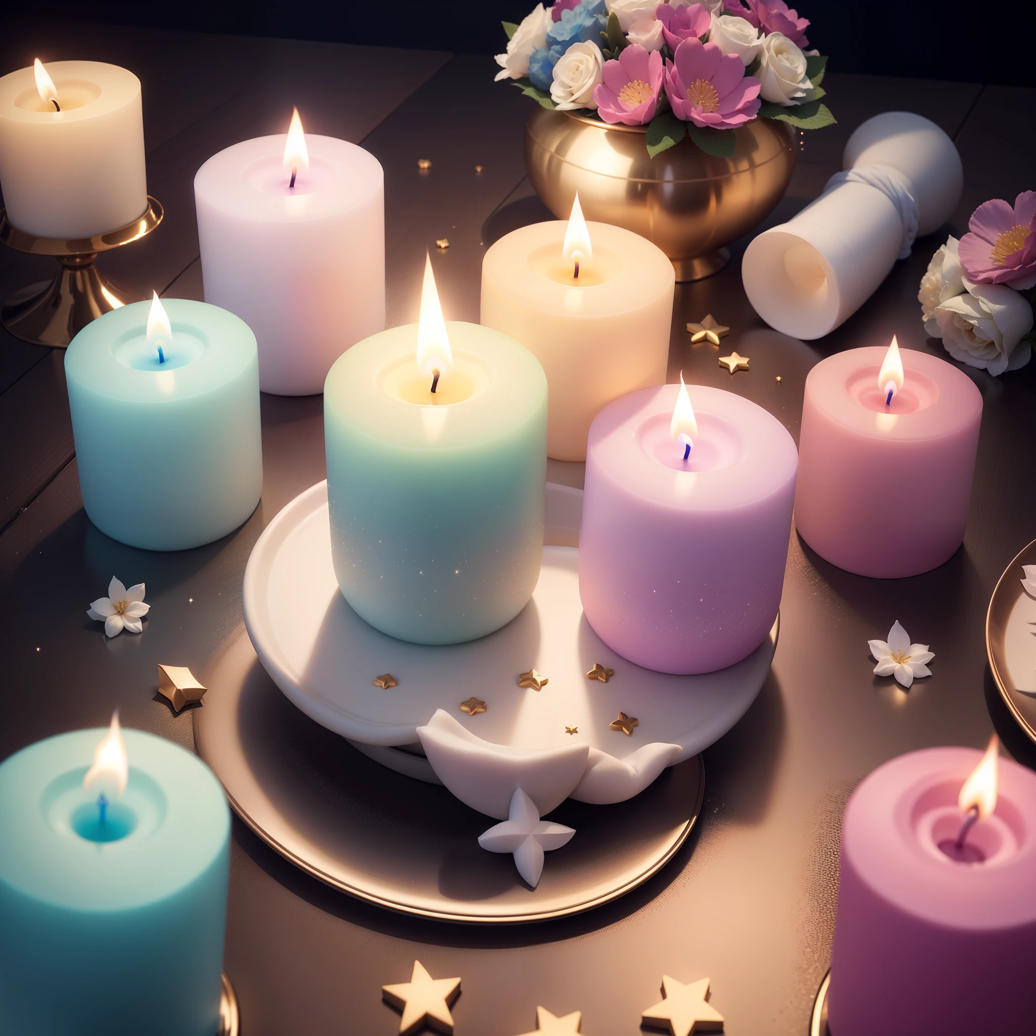 Velas floridas e delicadas, candles in pastel tones, velas com brilhos, velas com glitter, velas em formas de flores, hyper realistic, super realísta, 8K.