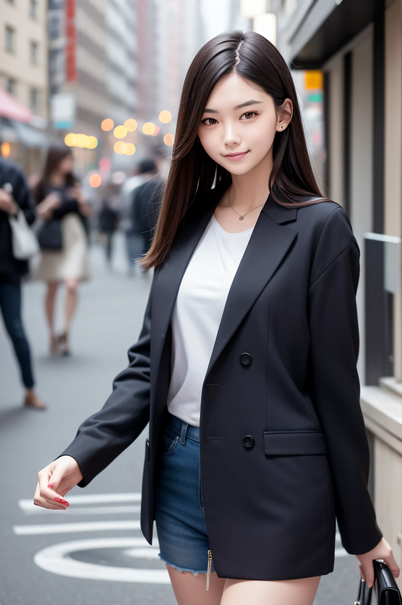Slender contoured face、20 year old smiling girl in the city