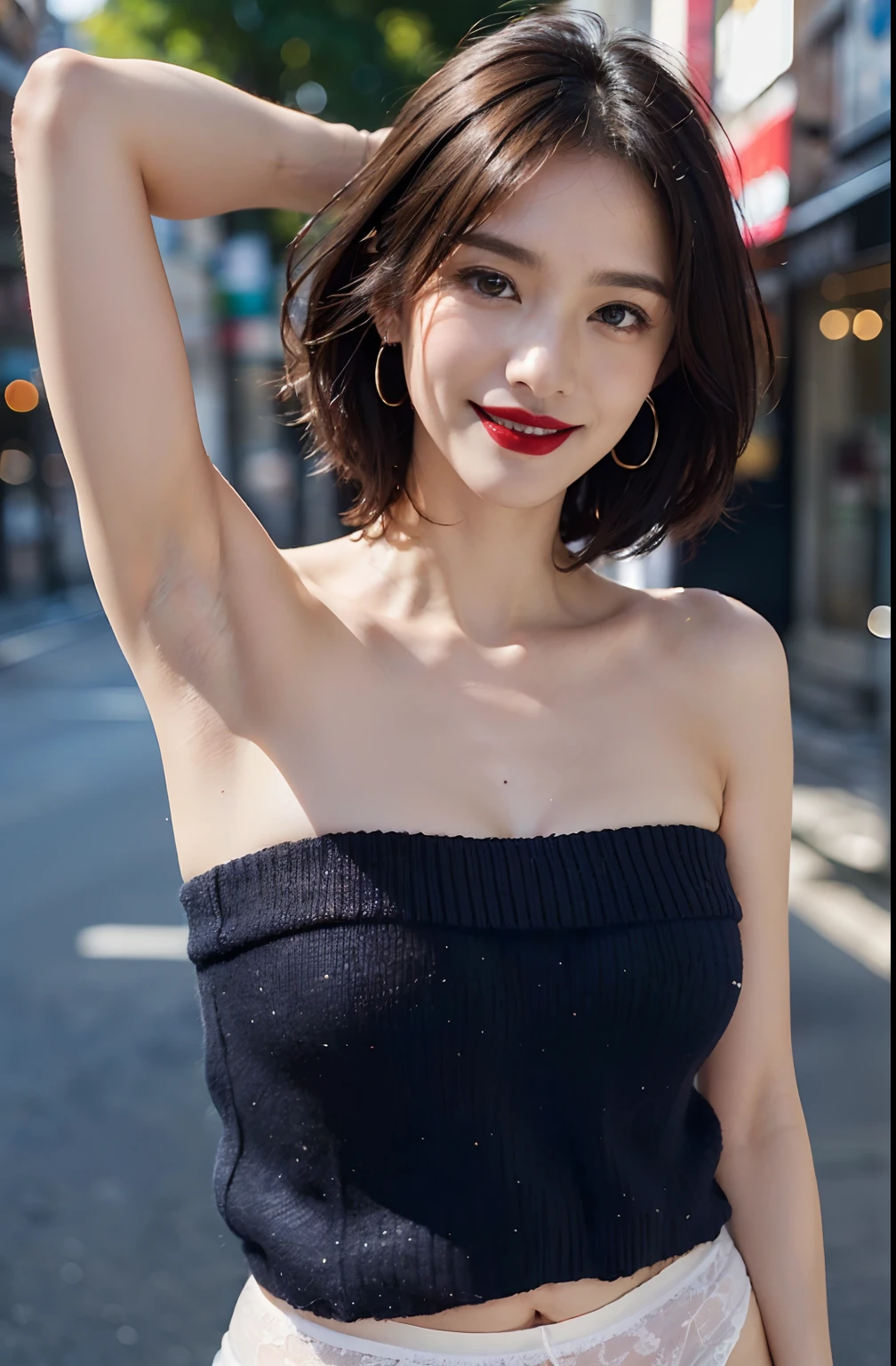(Show underarms、A hyper-realistic、Armpit、Detailed armpit wrinkles、Detailed armpit pores、Realistic armpit skin、Black armpit skin、Black armpits、Detailed armpit skin、The whole body towards the viewer、Show both armpits、White sexy panties、Stand in the city、In town、in a street), (illustratio), (hight resolution), (8K), (ighly detailed), (The best illustrations), (armpit pose、beatiful detailed eyes), (top-quality), (ultra-detailliert), (masterpiece), (wall-paper), (详细的脸), (A smile、((40 year old woman,red lipsticks、Show realistic armpits))、Brown hair,short-hair,((Woman in navy blue strapless sleeveless sweater and white sexy panties, japanes,
