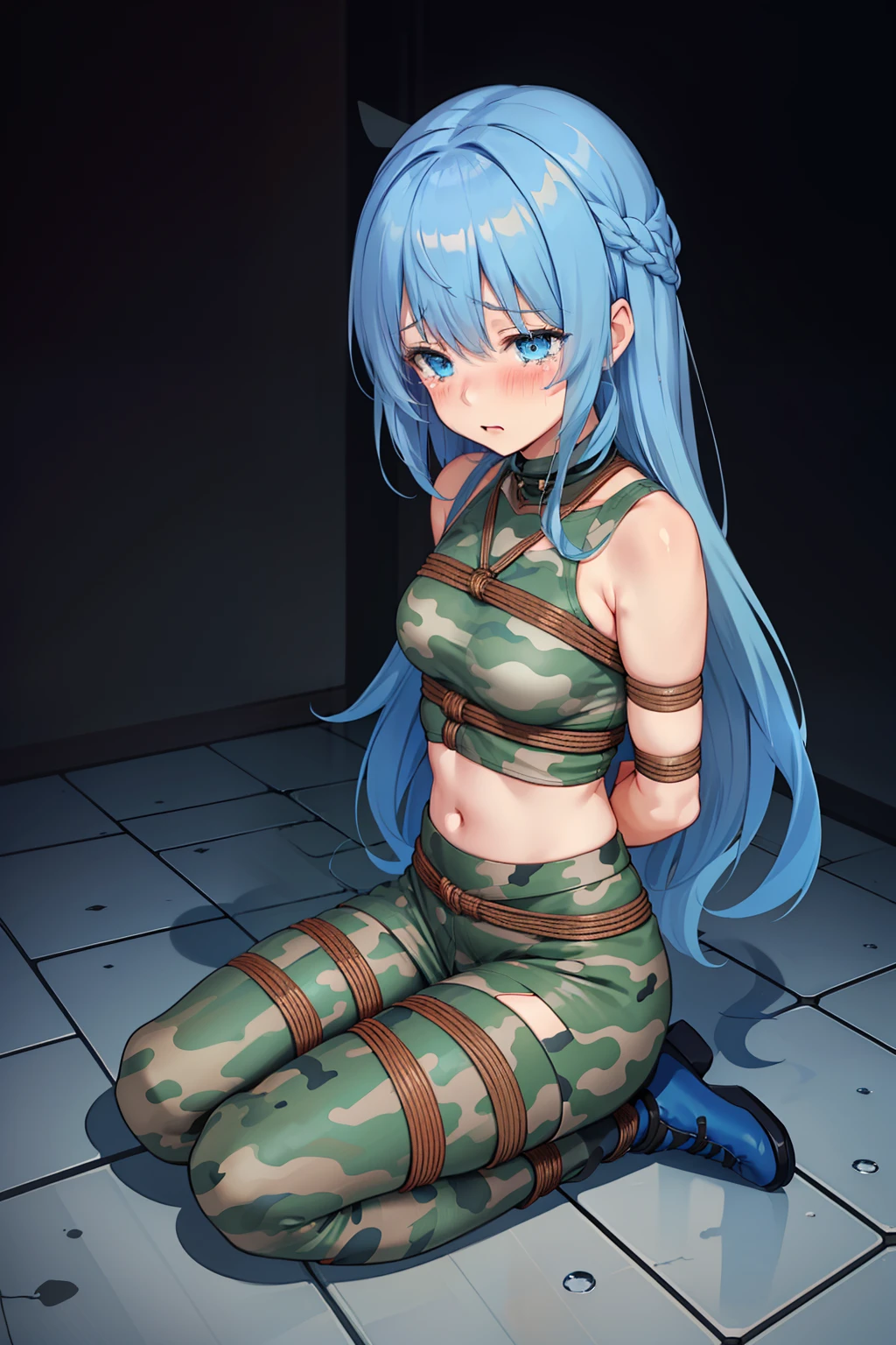 ,((kafuu_chino)),blue_hair,((blue_eyes)),(camouflage clothing), (pants), (boots), ((blush)), ((tears)), ((shy)), ((((arms_behind_back)))), ((bondage))), ((shibari)),