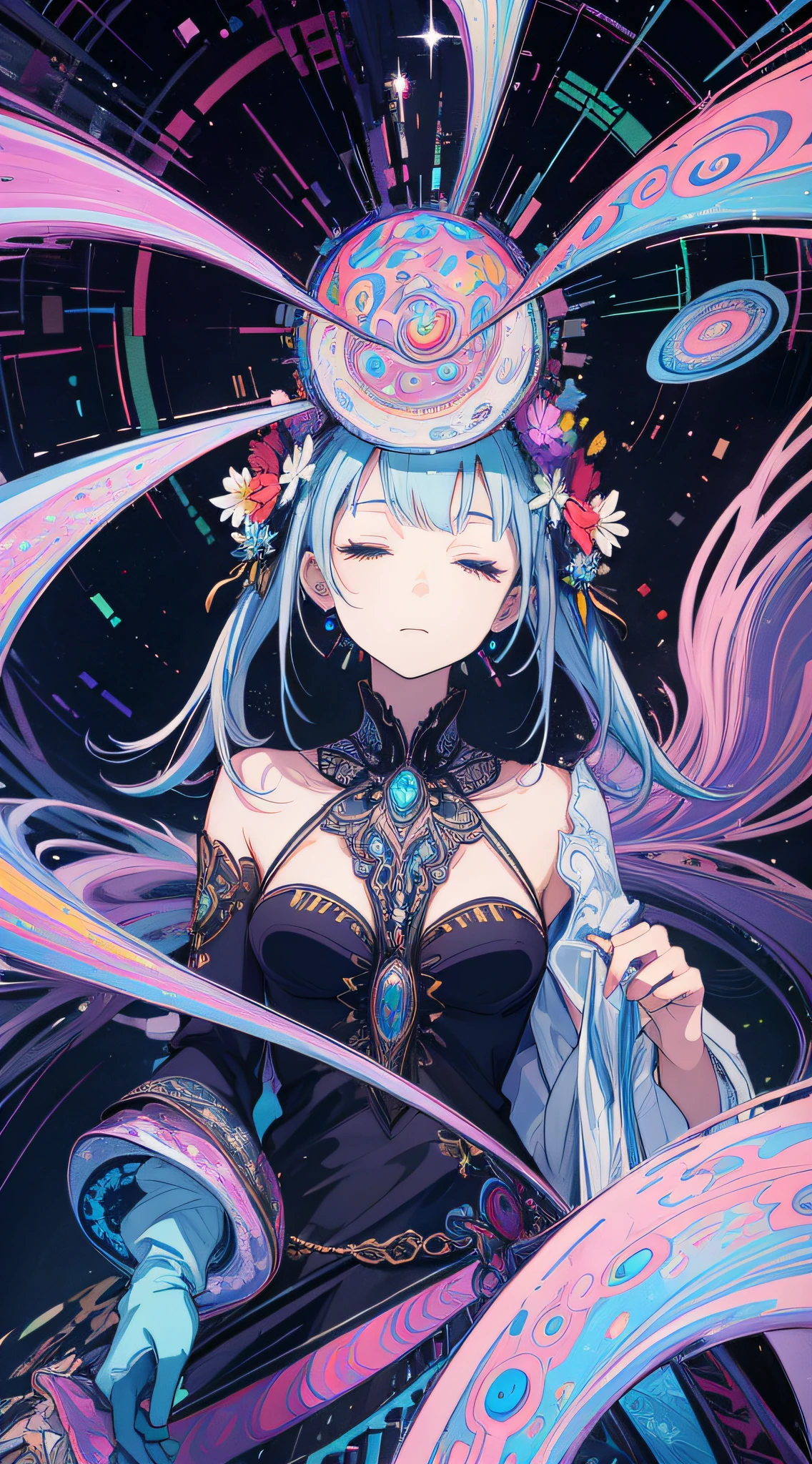 (trippy art:1.5), (From below:1.2), Elaborate dress, Upper body, Closed eyes,