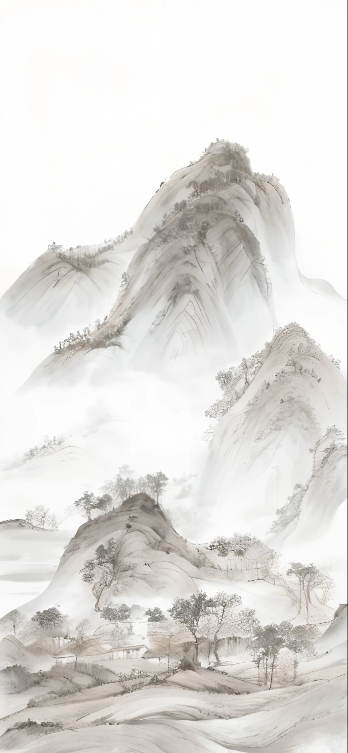 Drawings of mountains with trees and rivers in the foreground, Inspired by Ma Yuan, Chinese landscape, inspired by Sōami, inspired by Yuan Jiang, inspired by Huang Binhong, inspired by Li Keran, inspired by Wang Jian, author:Wang Lu, inspired by Shen Shichong, inspired by Katsushika Ōi