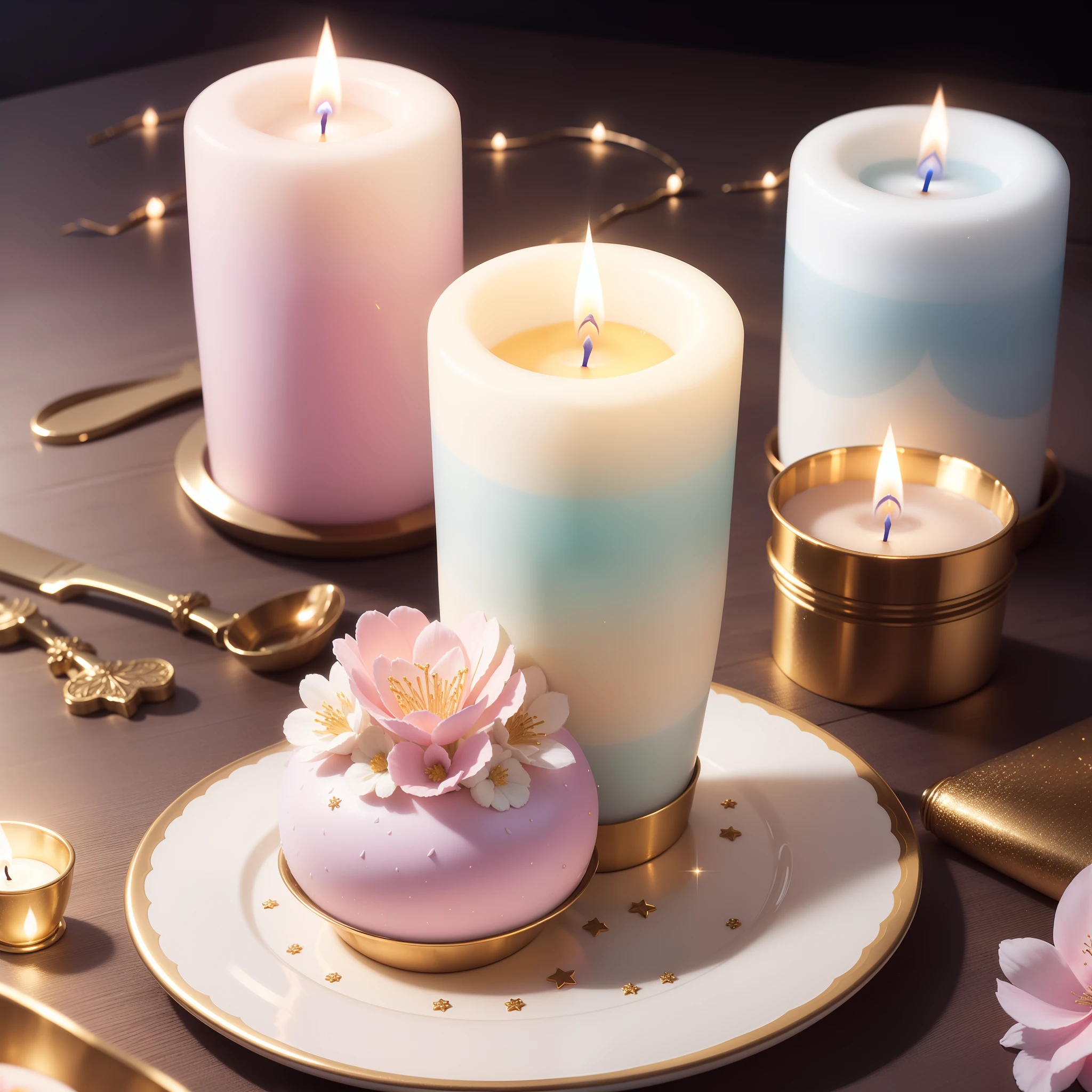 Velas floridas e delicadas, candles in pastel tones, velas com brilhos, velas com glitter, velas em formas de flores, hyper realistic, super realísta, 8K.
