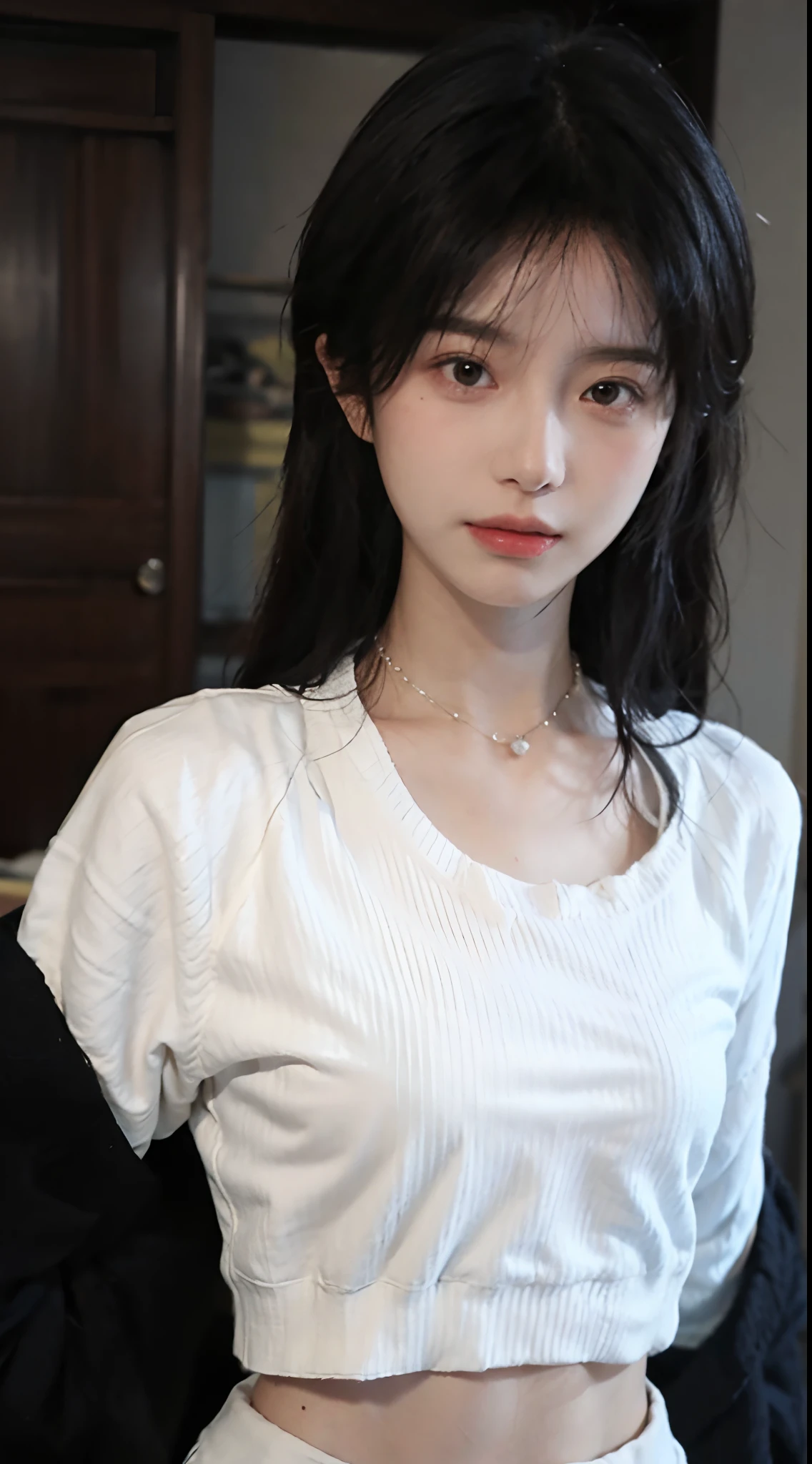 best qualtiy， 超高分辨率， （realisticlying：1.4），cute hairpin，1girll，,Cropped black sweater ，Beautiful woman with a slim figure:1.4, Abs:1.1, 浴室,Ultra-fine face，Elaborate Eyes，二重まぶた，choker necklace