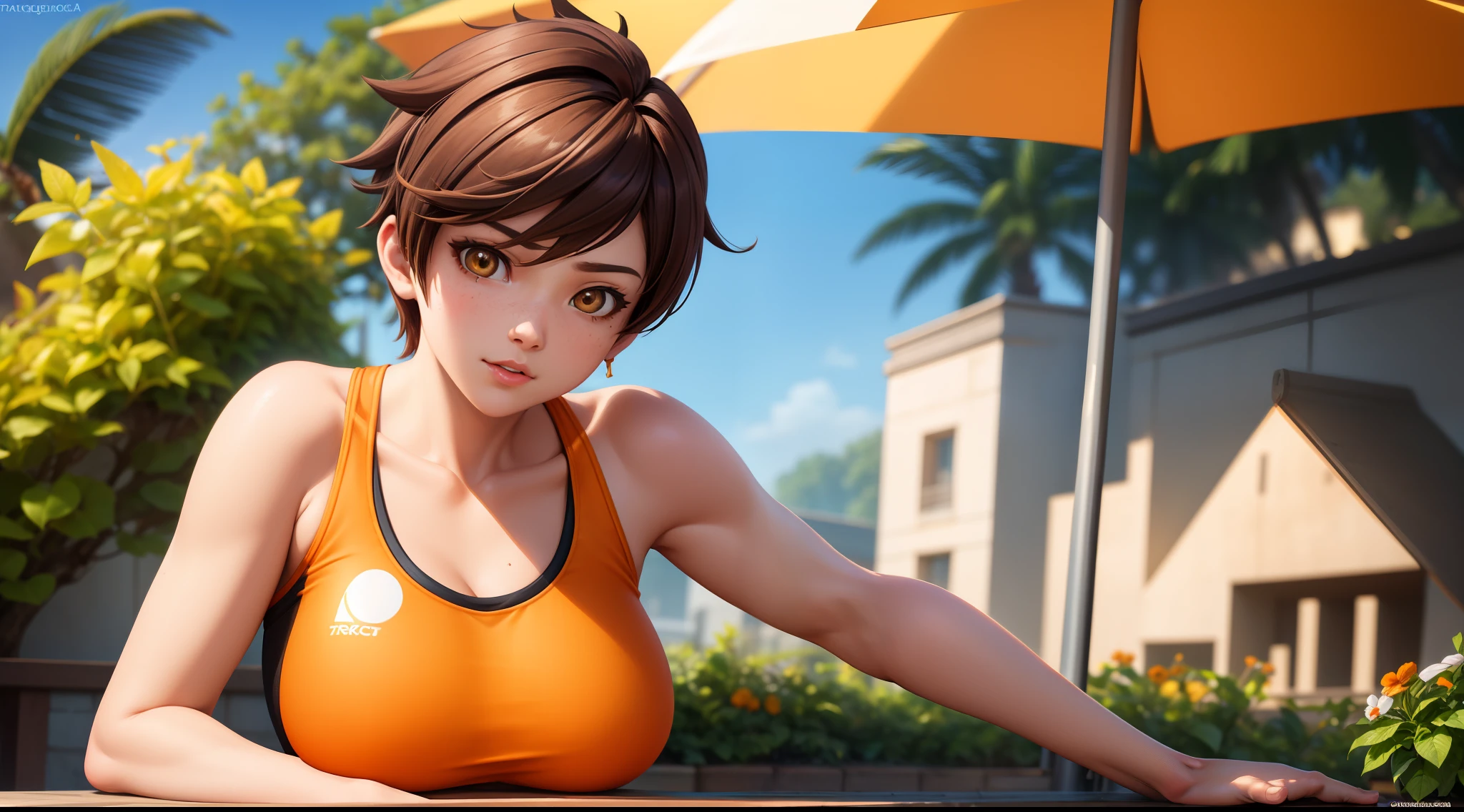 focused upper body, 1 girl, leaning to table pose, tracer overwatch, orange yoga outfit, sparkling eyes, brown short hair, garden background, nice perfect face with soft skin, intricate detail, 8k resolution, masterpiece, 8k resolution photorealistic masterpiece, professional photography, natural lighting, detailed texture