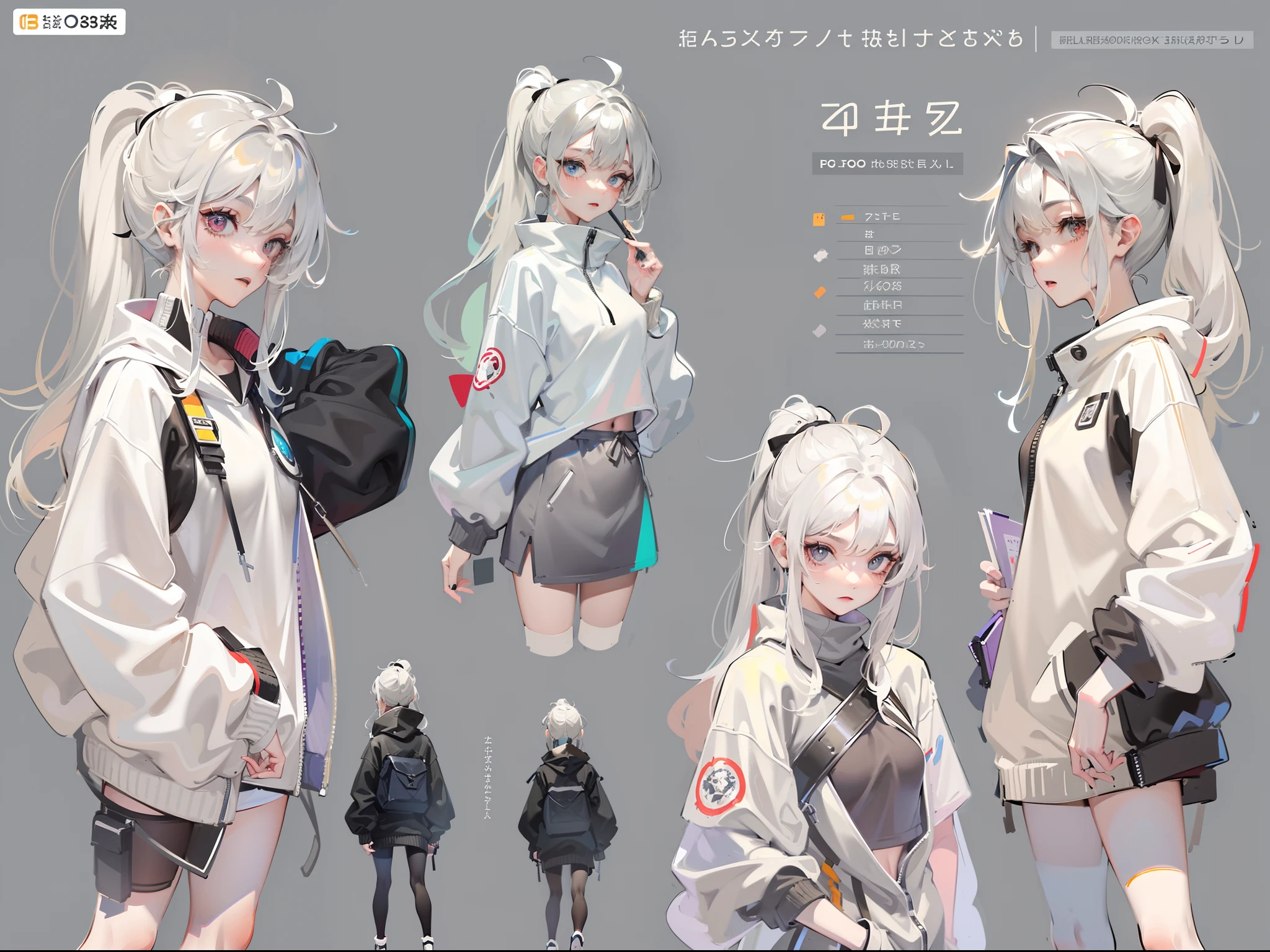 ((Masterpiece, Highest quality)), Detailed face, CharacterDesignSheet, full bodyesbian, Full of details, Multiple poses and expressions, Highly detailed, Depth, Many parts,the girl with black hair,long whitr hair,Low ponytail,Thin,Thin,with thin legs,White sweatshirt,Everyday wear