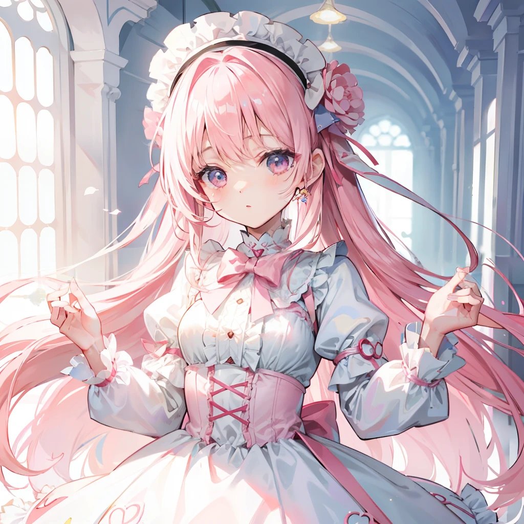 Light pink,Very smooth hair,Wearing a white and light pink Lolita,It looks light,Milky whine,Very cute,Has a gentle temperament,It's a cute girl