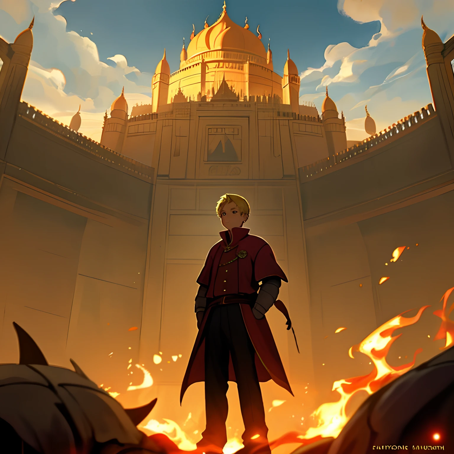 The blond boy stood in front of the burning palace,Surrounded by dragons