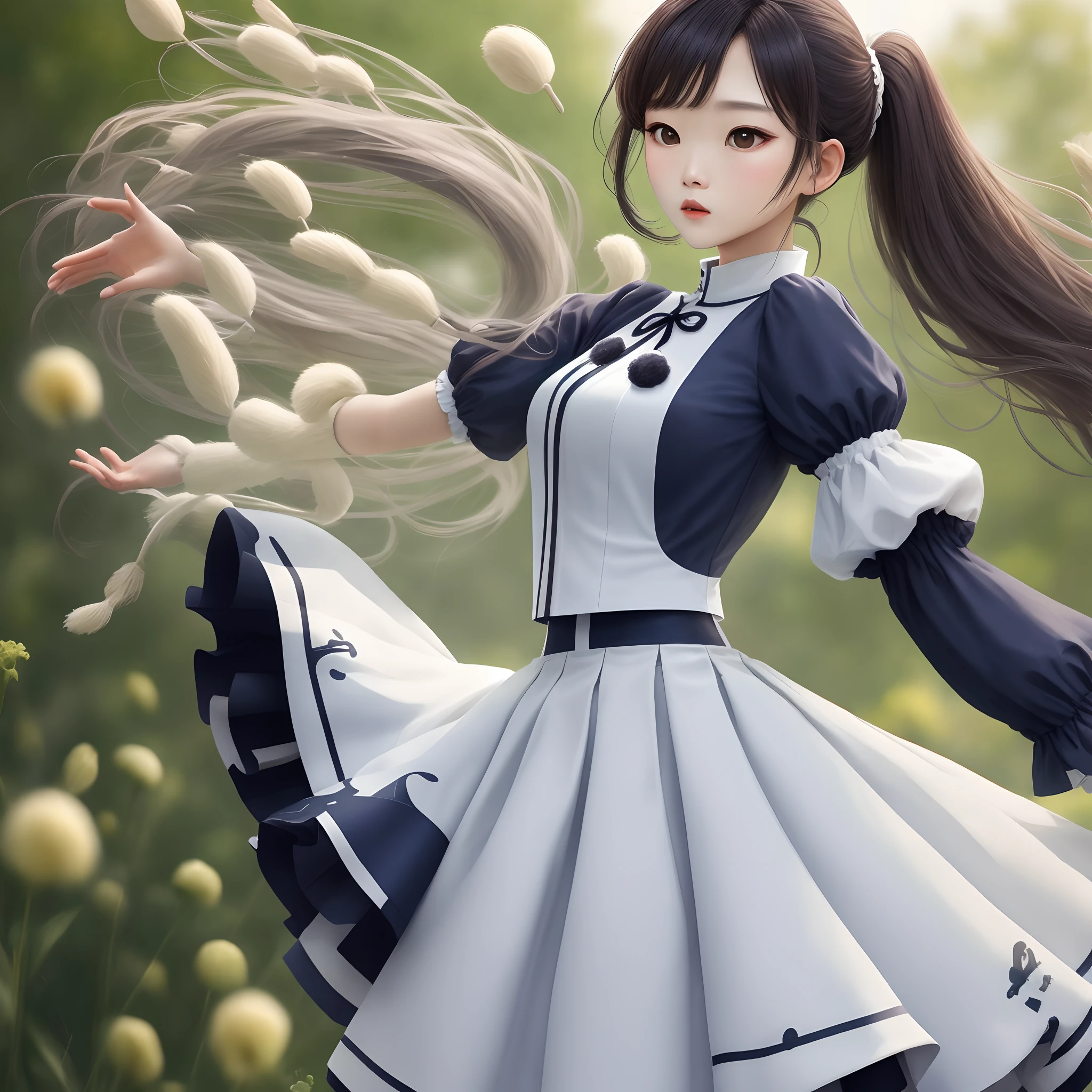adolable,white colors,jk,puff sleeves,Hundred wrinkle skirt,dual horsetail