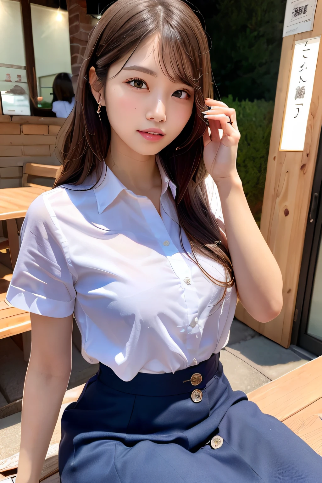 first-person-view, (masterpiece:1.3), high resolution, ultra detailed, extremely detailed CG unity 8k wallpaper, realistic, photo-realistic, RAW photo, beautiful detailed face, pale skin, realistic glistening skin, detailed cloth texture, detailed hair texture, Perfect body, Beautiful Face, accurate, Anatomically correct, Highly detailed face and skin texture, natural neck length, (beautiful hands), (fair skin:1.2), Thin legs, Thin feet, Well-aligned teeth,
BREAK,
Detailed eyes, symmetric eyes, Light Brown eyes, Double eyelids, Thin eyebrows, (Glossy lips:1.4), (sleepy face:1.2), (blush:1.3),
BREAK,
(A Classy and Cute girl:1.3), (wearing a classy (Light Purple) Button shirt:1.2), ((Navy) long irregular hem skirt:1.2), (long skirt), Unbutton your shirt a little bit,
medium breasts, (slender figure:1.1), firm abs, beautiful clavicle,
(Dark blonde hair, wavy hair, long hair:1.2), ((asymmetrical bangs:1.2)),
BREAK,
(On the table, (there are yakitori of Japan food, French fries, salad):1.2), (Sitting leaning against the table), ((resting your elbow on the table with gently lifted up her chin:1.3)),
(in the outdoor 'Biergarten' of Japan at night:1.2)), (night), (night), (night), (Upper body shot:1.2), looking at viewer, from front,