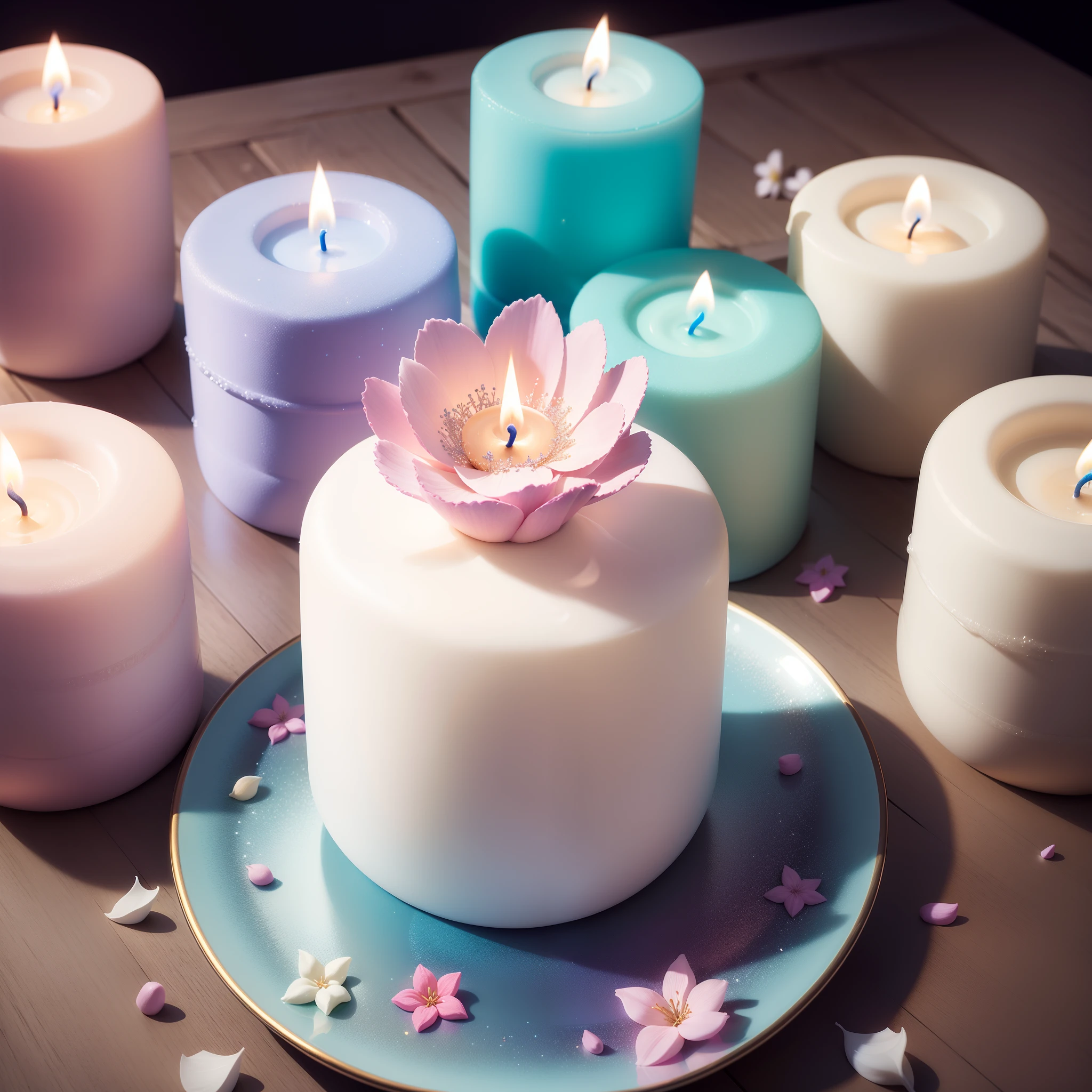 Velas floridas e delicadas, candles in pastel tones, velas com brilhos, velas com glitter, velas em formas de flores, velas de flores, velas de rosas, flores de velas, rosas de velas, hyper realistic, super realísta, 8K.