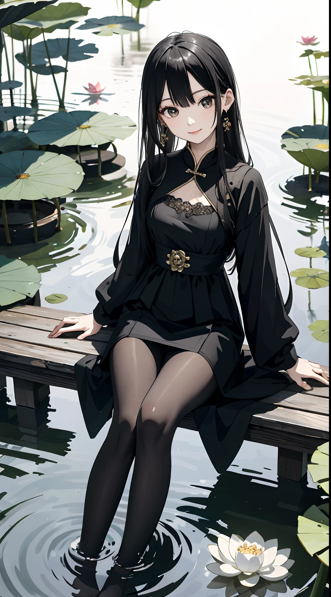 masterpiece, best quality, highres, st1, braid, hair ornament, black dress, hair flower, side slit, large breasts, long dress, sleeveless, cowboy shot, nature, standing, river, smile, open mouth,