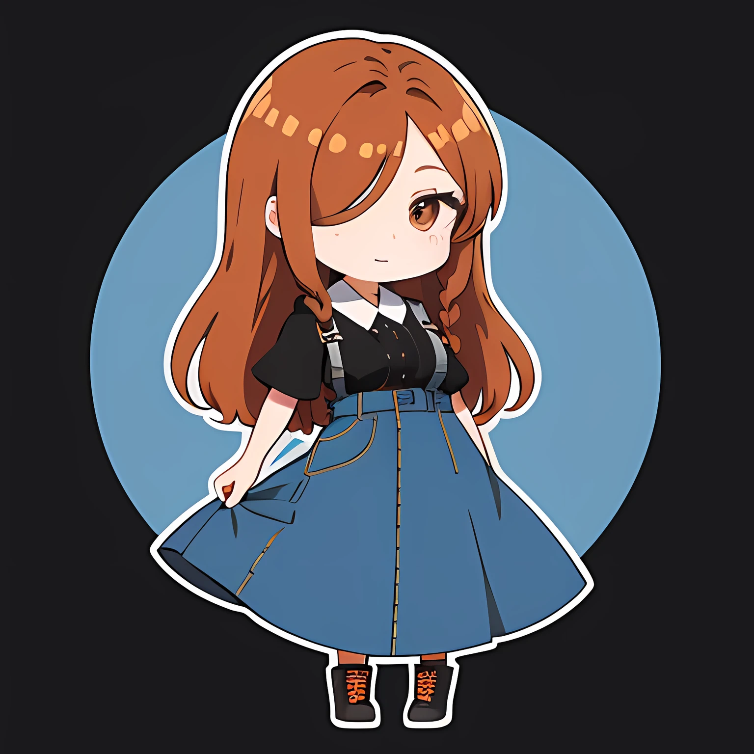 Denim Long Skirt, full body Esbian、Hair over one eye、One Woman, 独奏, (twitch emote:1), Chibi, Brown hair, Black eyes, , comic strip, white backgrounid, a sticker, Thick black outline,Denim dresses、Black blouse、hair down、Orange hair、、brown haired、Denim Long Skirt