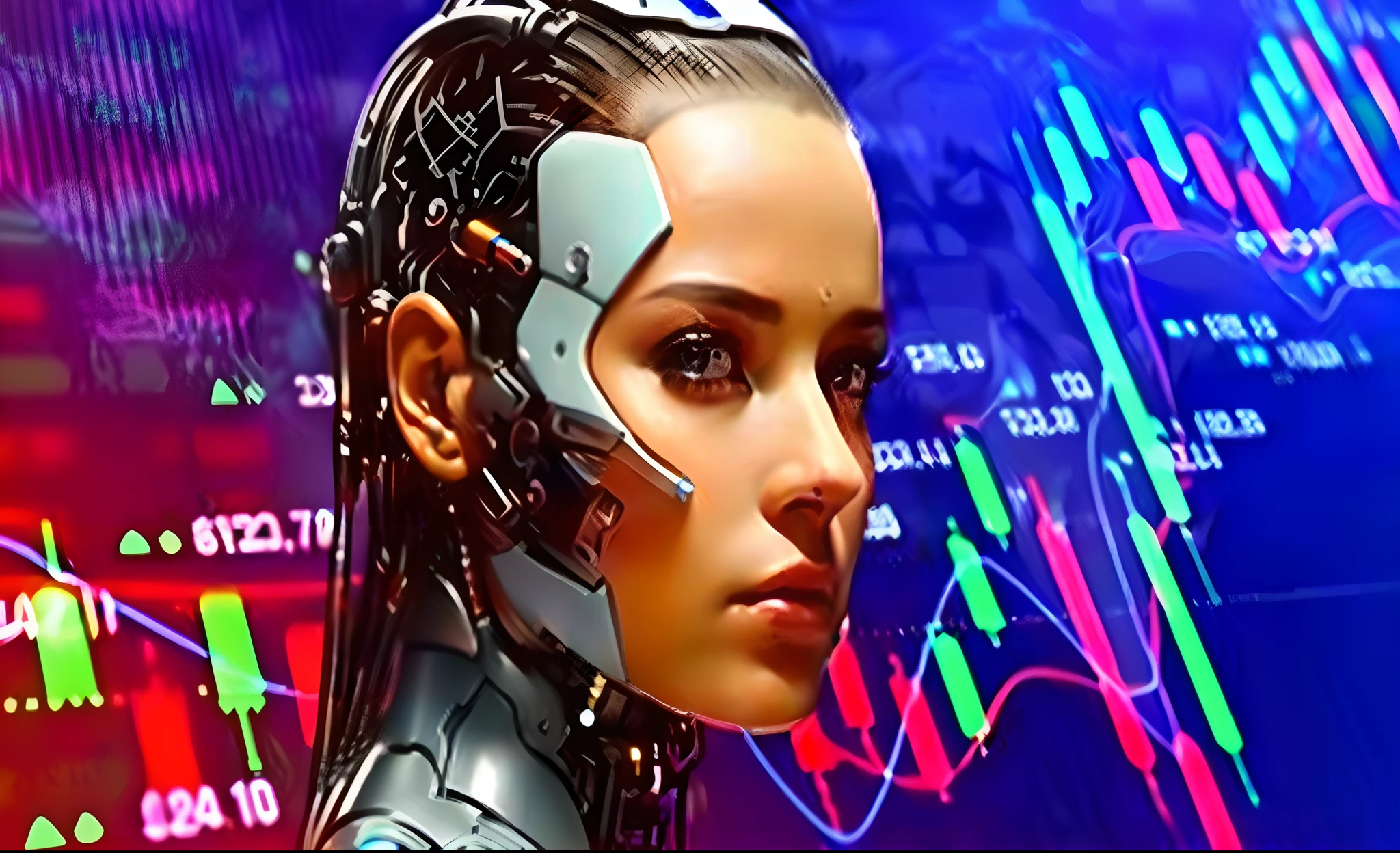 um close up de uma mulher em um terno futurista com um monitor, ...ai, menina ciborgue, ciborgue - menina, menina android perfeita, ( ( robot cyborgs ) ), robot girl, mulher ciborgue, mulher android bonita, biblical female android, integrated synthetic android, Female robot, binary, menina bonita ciborgue, robotical, androide feminino, Artificial intelligence, largura 1024, altura 628, ultra hd 4k.