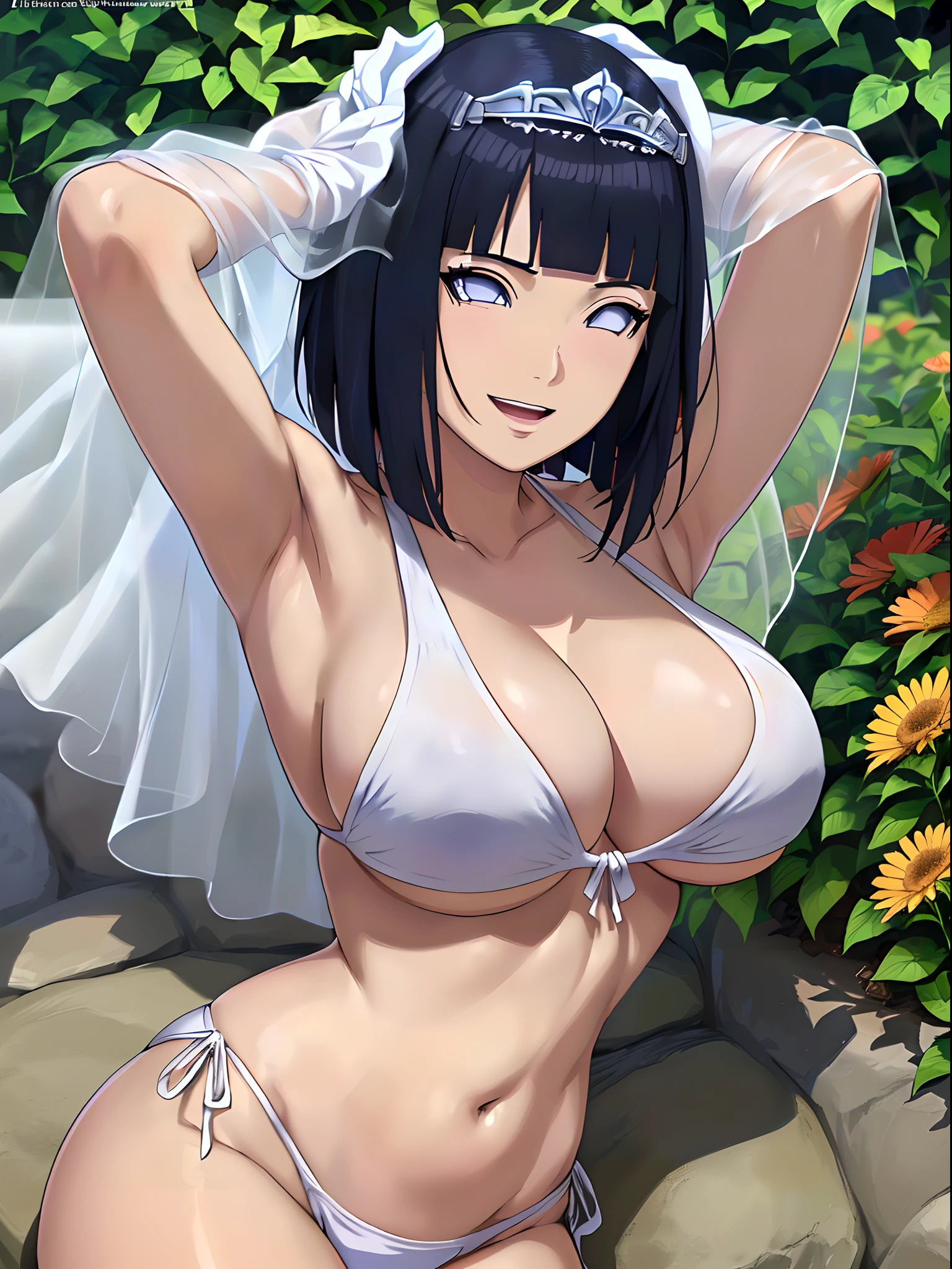 (WALLPAPER, masterpiece, 1k, anime style:1.9, laying on flower bed, navel, (detailed beach background, (lean forward), big breasts, big boobs, open mouth, high color saturation, bold lines, bold drawing lines, (defined arms, strong arms, flat belly, groin), detailed bold arm lines), (strong arms, thick arms), strong light on body, plain, bare body, (large breasts, perky boobs), minimum clothing, taking off shirt, bare shoulders, off-shoulders, bare chest, (very tight pure white tiny bikini, wedding veil, white flower wedding tiara, long white gloves), no shirt, showing off), hinata\(boruto\), mature female, sunbathing, milf, (curvy:0.8), solo, (short hair, hime cut), (dark blue hair color:1.1), white, flat belly, perfect eyes, white sciera, white eyes, anime eyes, smoky eyeliner, eyeshadow, perfect face, shy, sharp focus, professional artwork, intricate details, colorful, vibrant colors, vivid colors, digital blending, ultra detailed body, ultra detail hair, ultra detail face, trending on pixiv, kind smile, shy, very hot colors, sunny day, outdoor,