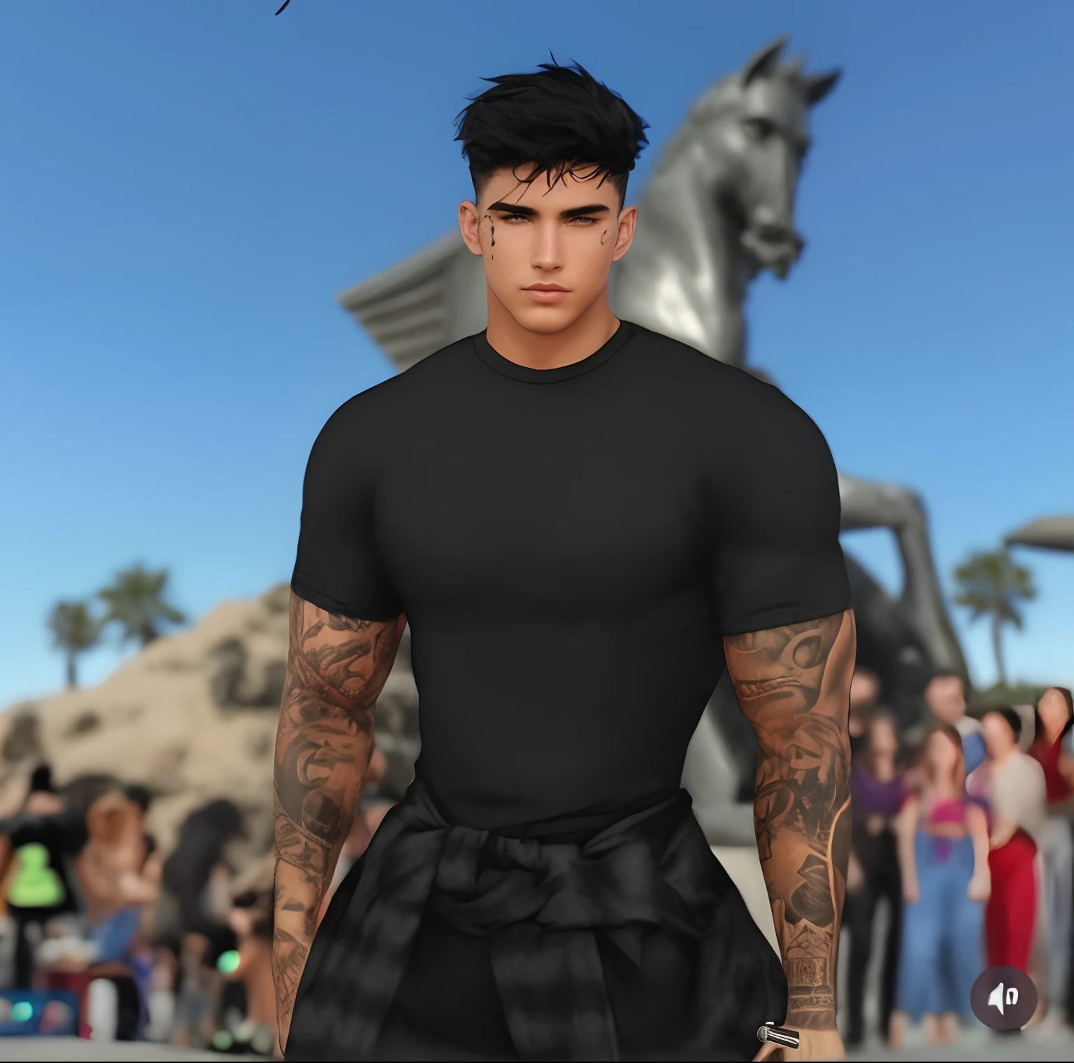 Male in black shirt and black shorts in front of a statue, Avatar do Second Life, IMVU, avatar da parte superior do corpo, inspirado em Dean Roger, DAZ. circunstanciado, personagem masculino, inspirado em Randy Vargas, corpo inteiro altamente detalhado, Segunda vida, Christian, inspirado em Byron Galvez, modelo masculino, he is wearing a black t-shirt