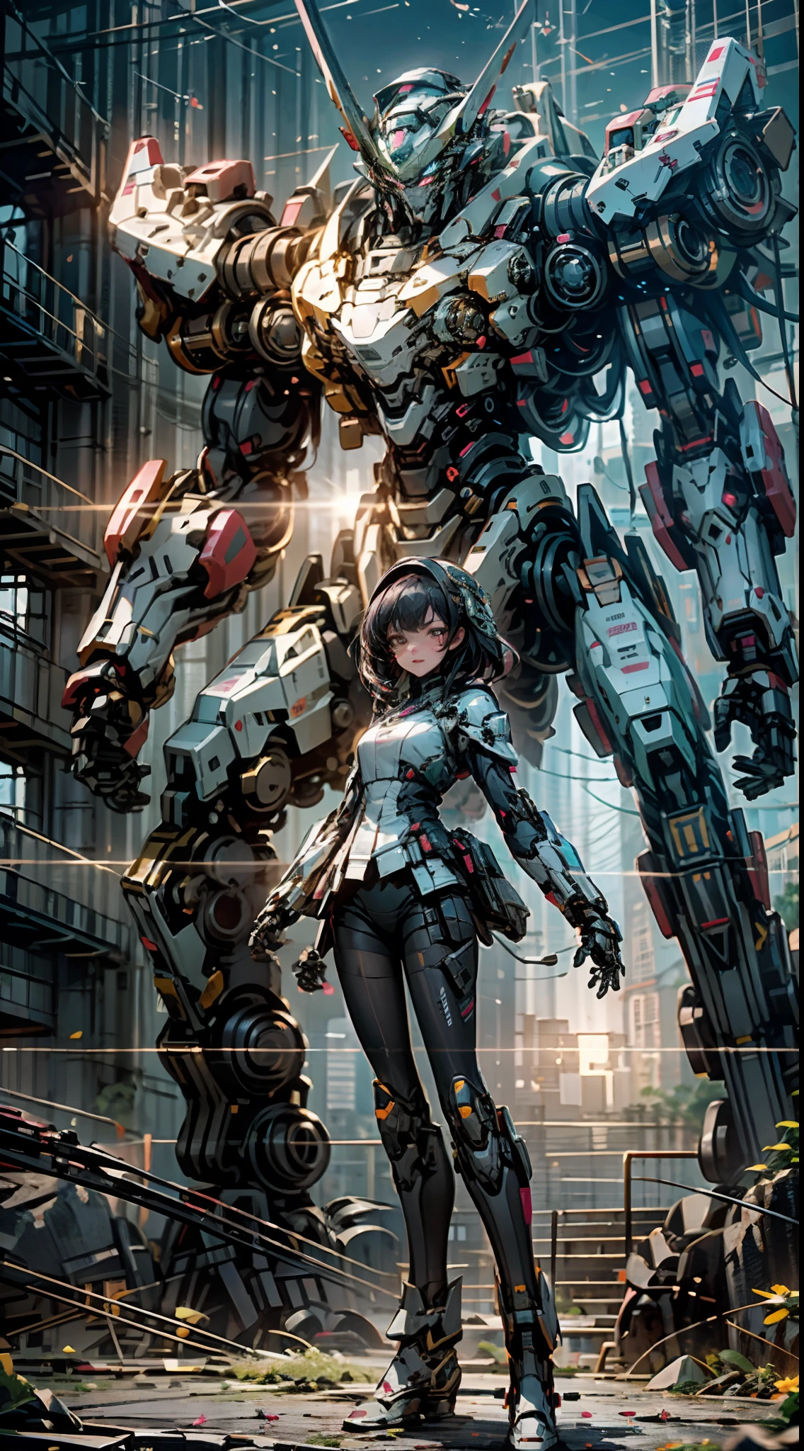 ((Best Quality)), ((Masterpiece)), (Very Detailed:1.3), 3D, Shitu-mecha, 2 Beautiful woman in victory pose, with her pink mech in the ruins of a city in the forgotten war, Ancient technology, HDR (High Dynamic Range), ray tracing, NVIDIA RTX, super resolution, unreal 5, subsurface scattering, PBR texture, post-processing, anisotropic filtering, depth of field, maximum sharpness and sharpness, multi-layer texture, albedo and highlight maps, surface shading, Accurate simulation of light-material interactions, perfect proportions, octane rendering, duotone lighting, low ISO, white balance, rule of thirds, wide aperture, 8K RAW, efficient sub-pixels, subpixel convolution, luminescent particles, light scattering, Tyndall effect