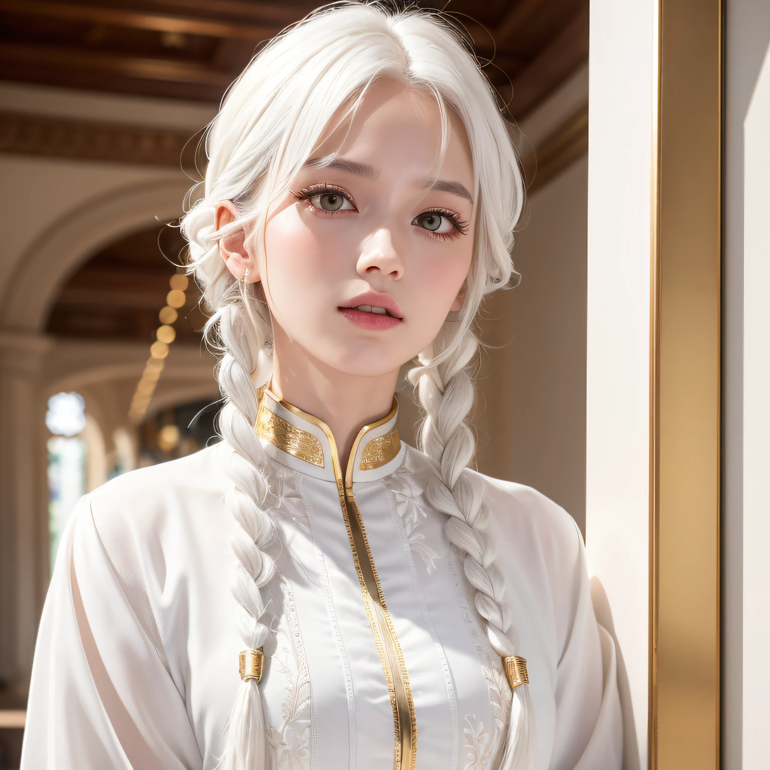 best quality, masterpiece,white hair, gold eyes,white clothes, looking up, upper body,hair strand,Fair skin,side braids