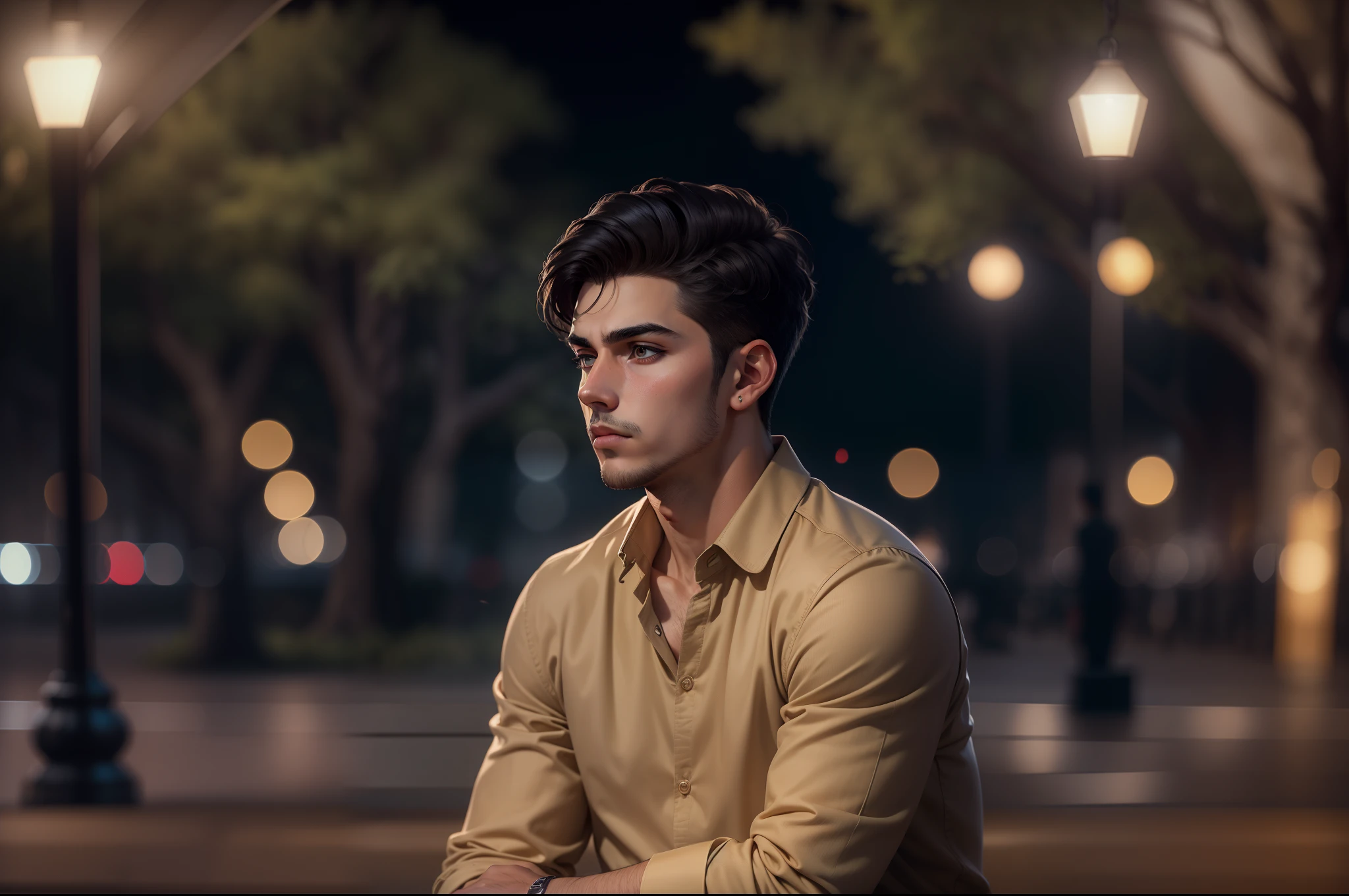 Ultra realistic 8k image of a slim 25-year-old man, short black hair, dressed in a beige button-up blouse and beige pants, pensive expression, sitting on a park bench in an empty square, during a cloudy night