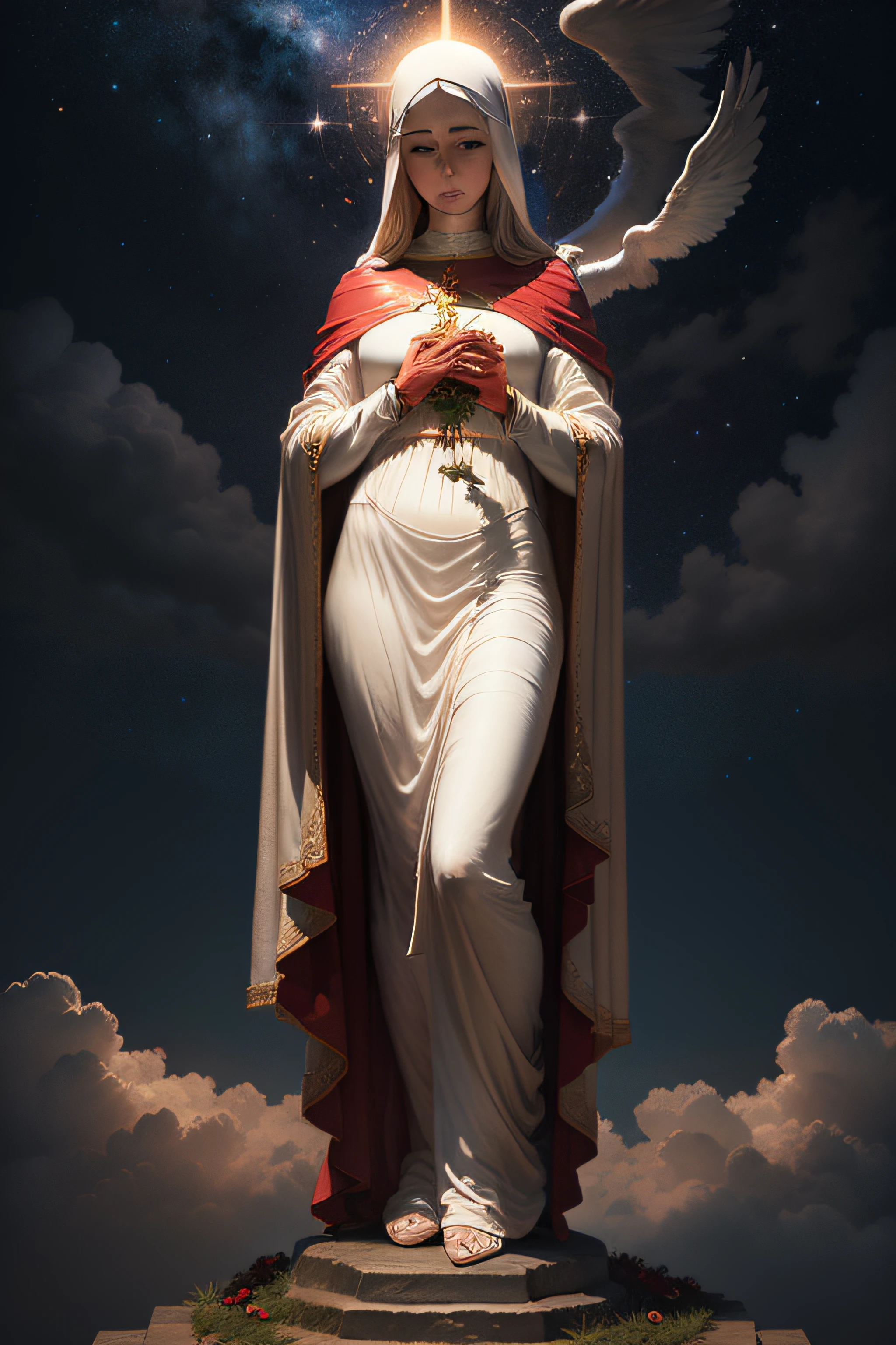 Virgin Mary of Nazareth, with roses in her hands, wearing a very beautiful mantle of stars ANGELICAL BACKGROUND, beautiful, holy ghost, {{full body}}, 16k, perfect hands, skye, with clouds, realistic, catholic style, landscape background,