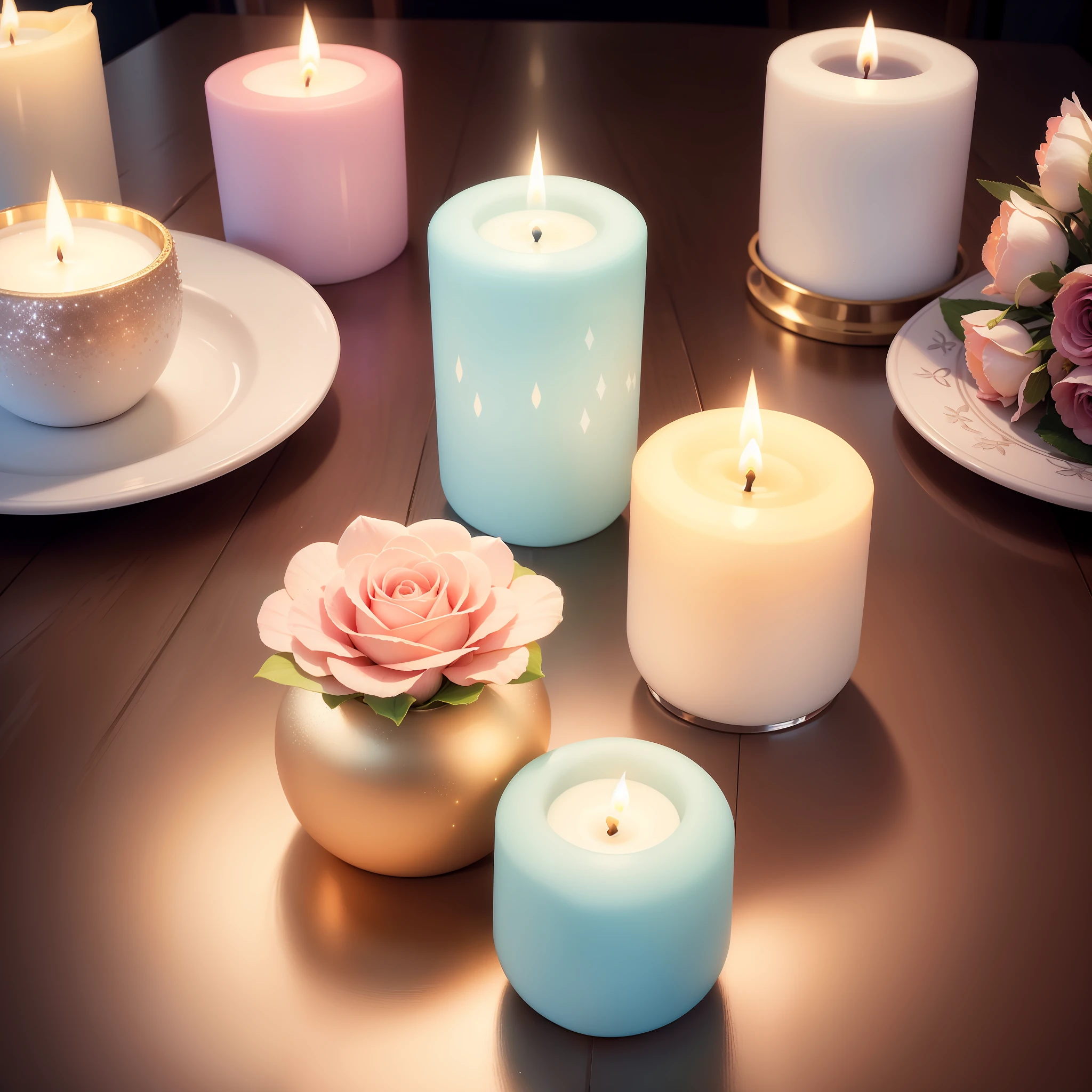 Velas floridas e delicadas, candles in pastel tones, velas com brilhos, velas com glitter, velas em formas de flores, velas de flores, velas de rosas, flores de velas, rosas de velas, hyper realistic, super realísta, 8K.