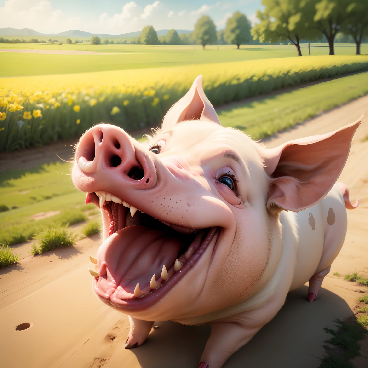 There is a pig laughing, with his mouth open, laughing, on the farm, summer