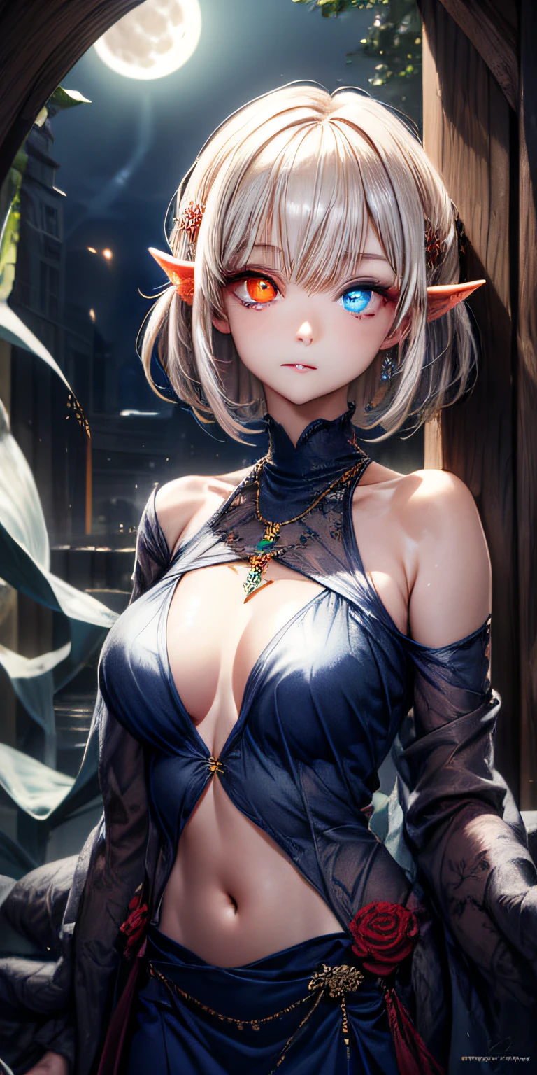 ​masterpiece, top-quality, ultra-detailliert, illustratio,(1girl in),beatiful detailed eyes, Look at viewers, a closeup, (breasts focus), white short hair, full of shyness, Cat's ears, ((Shining blue necklace)), moon in background, (Blue and Red Eyes 1.2), Thick lip, ((Heterochromia 1.2)), medium chest, (turtle necked sweater)、elvish