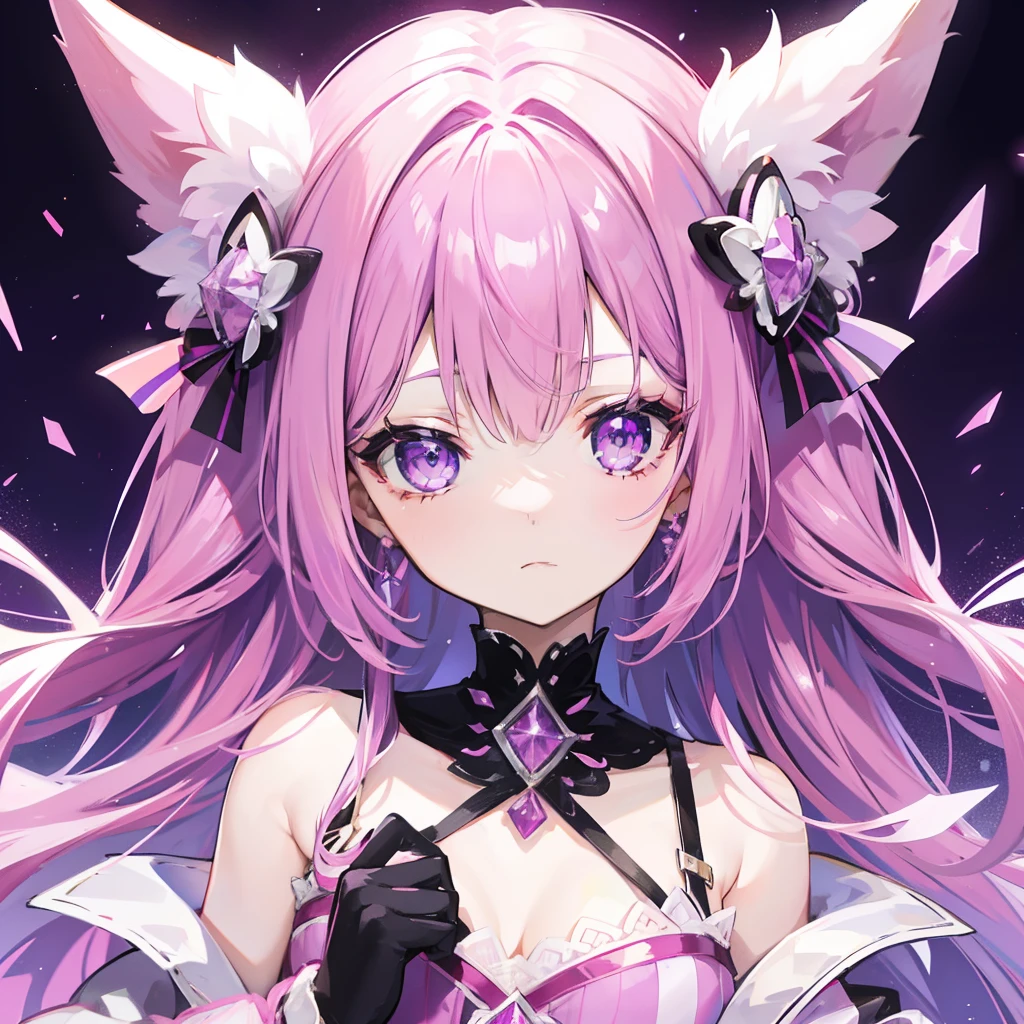 A pinkish-purple shiny hair，Purple pink crystalline eyes，A pink cotton coat dotted with many purple crystals，It looks lively, cute and cute，It's a li sweet girl