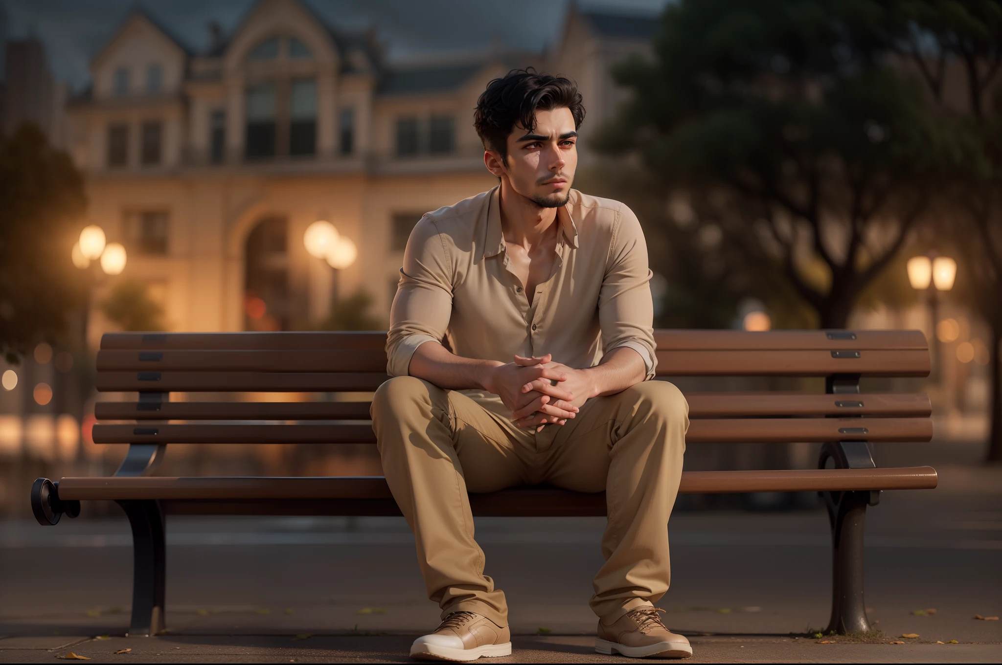Ultra realistic 8k image of a slim 25-year-old man, short black hair, dressed in a beige button-up blouse and beige pants, pensive expression, sitting on a park bench in an empty square, during a cloudy night