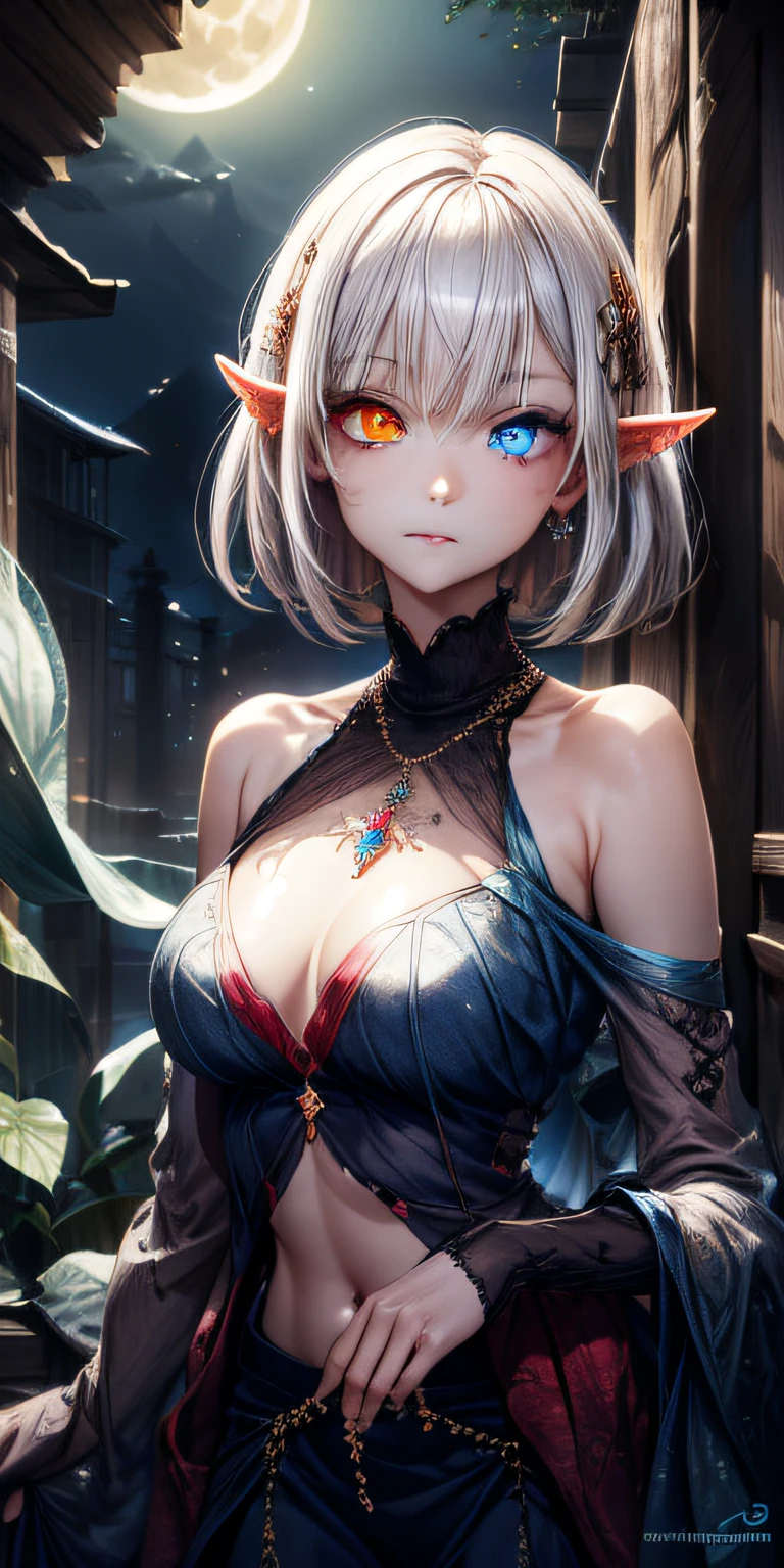 masterpiece, top-quality, ultra-detailliert, illustratio,(1girl in),beatiful detailed eyes, Look at viewers, a closeup, (breasts focus), white short hair, full of shyness, Cat's ears, ((Shining blue necklace)), moon in background, (Blue and Red Eyes 1.2), Thick lip, ((Heterochromia 1.2)), medium chest, (turtle necked sweater)、elvish