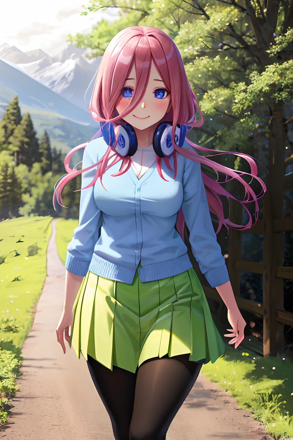 "Outstanding quality and exquisite craftsmanship create a true masterpiece. Capture the beauty of Miku hiking with a bright smile, showcasing her elegant hands. Adorned in a blue cardigan, she walks along a scenic county road, radiating charm."