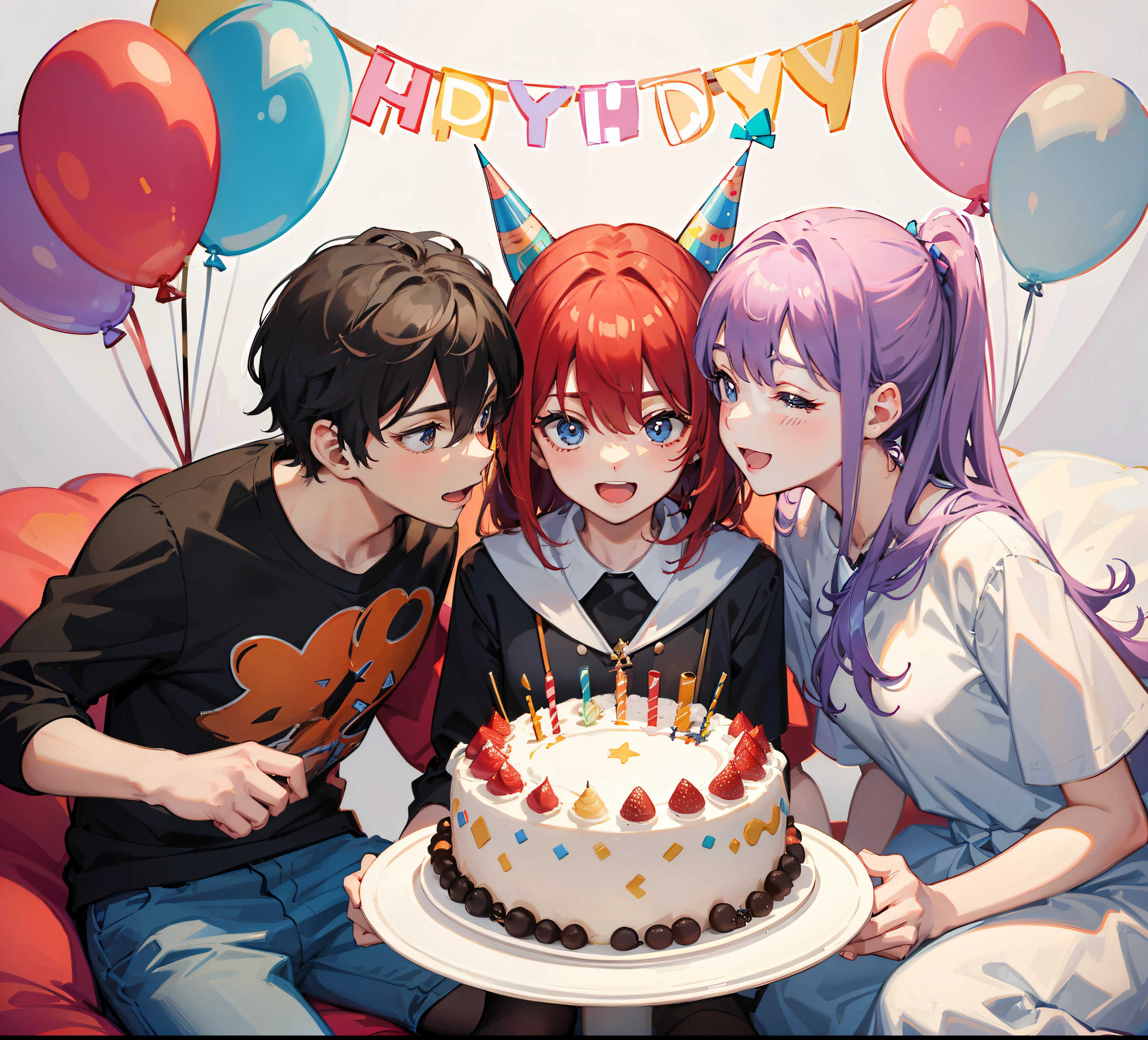 Mina Ashido,Bakugou, Nightwing,jean from attack on titan and 2 other people celebrating a birthday with family enjoying