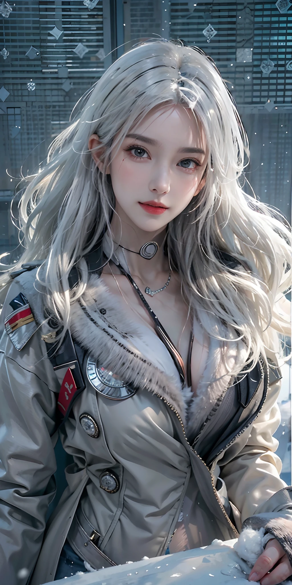 photorealistic, high resolution, soft light,1women, solo, hips up, shining skin, (detailed face),tattoo, jewelry, winter wear, coat, snow, night, white hair, wavy hair, Beautiful Soldier, Eyes That Invite Viewer, Lover's Perspective, Inviting Expression, Sexy Smile, Perfect Style, Perfect Balance, Detailed Skin, Naughty Gaze, Chest Visible