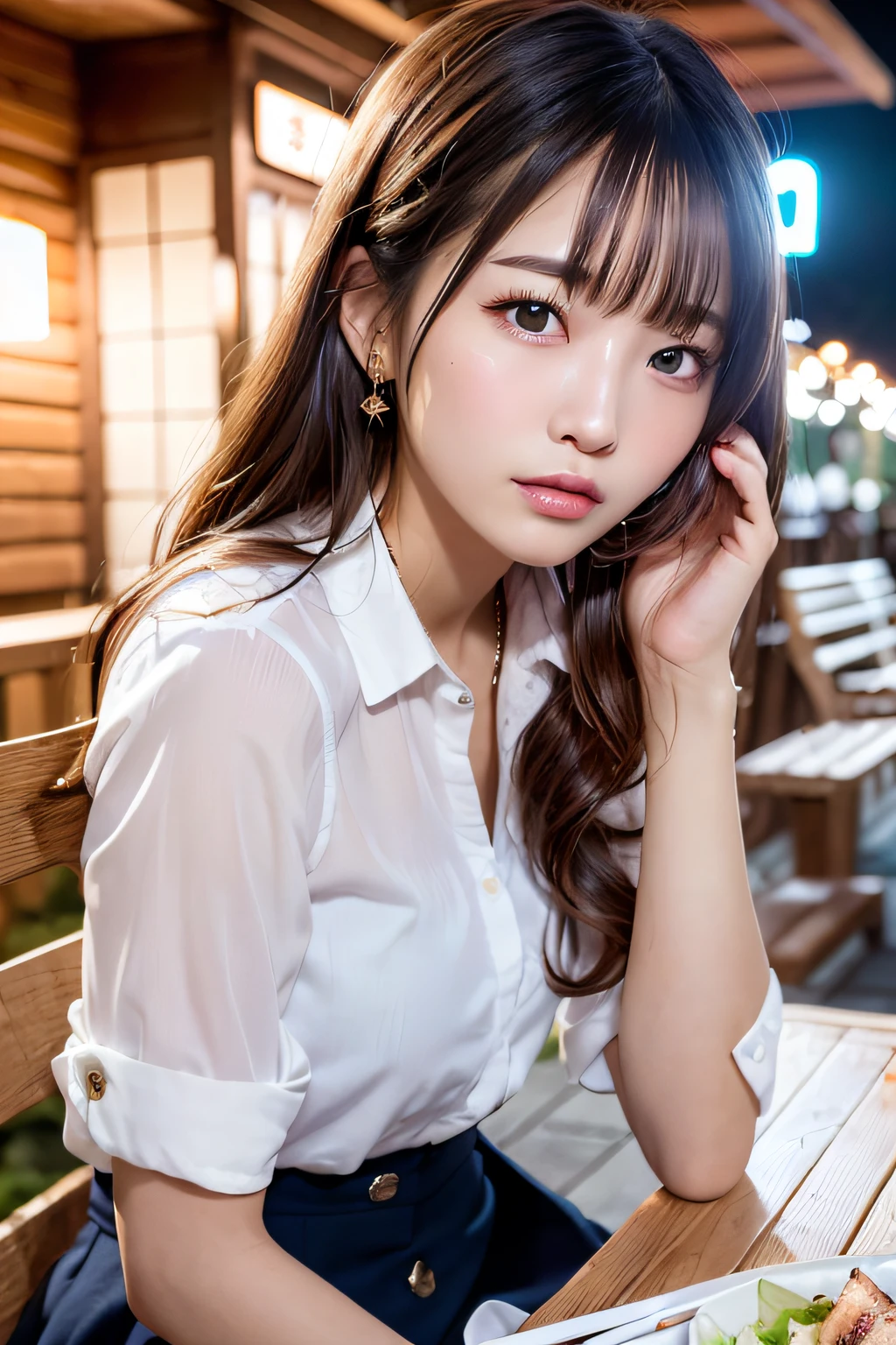 first-person-view, (masterpiece:1.3), high resolution, ultra detailed, extremely detailed CG unity 8k wallpaper, realistic, photo-realistic, RAW photo, beautiful detailed face, pale skin, realistic glistening skin, detailed cloth texture, detailed hair texture, Perfect body, Beautiful Face, accurate, Anatomically correct, Highly detailed face and skin texture, natural neck length, (beautiful hands), (fair skin:1.2), Thin legs, Thin feet, Well-aligned teeth,
BREAK,
Detailed eyes, symmetric eyes, Light Brown eyes, Double eyelids, Thin eyebrows, (Glossy lips:1.4), (sleepy face:1.3), (blush:1.3),
BREAK,
(A Classy and Cute girl:1.3), (wearing a classy (Light Purple) Button shirt:1.2), ((Navy) long irregular hem skirt:1.2), (long skirt), (Unbutton shirt a little bit),
medium breasts, (slender figure:1.1), firm abs, beautiful clavicle,
(Dark blonde hair, wavy hair, long hair:1.2), ((asymmetrical bangs:1.2)),
BREAK,
(On the table, (there are yakitori of Japan food, French fries, salad):1.2), (Sitting leaning against the table), ((resting your elbow on the table with gently lifted up her chin:1.3)),
(in the outdoor 'Biergarten' of Japan at night:1.2)), (night), (night), (night), (Upper body shot:1.2), looking at viewer, from front,
