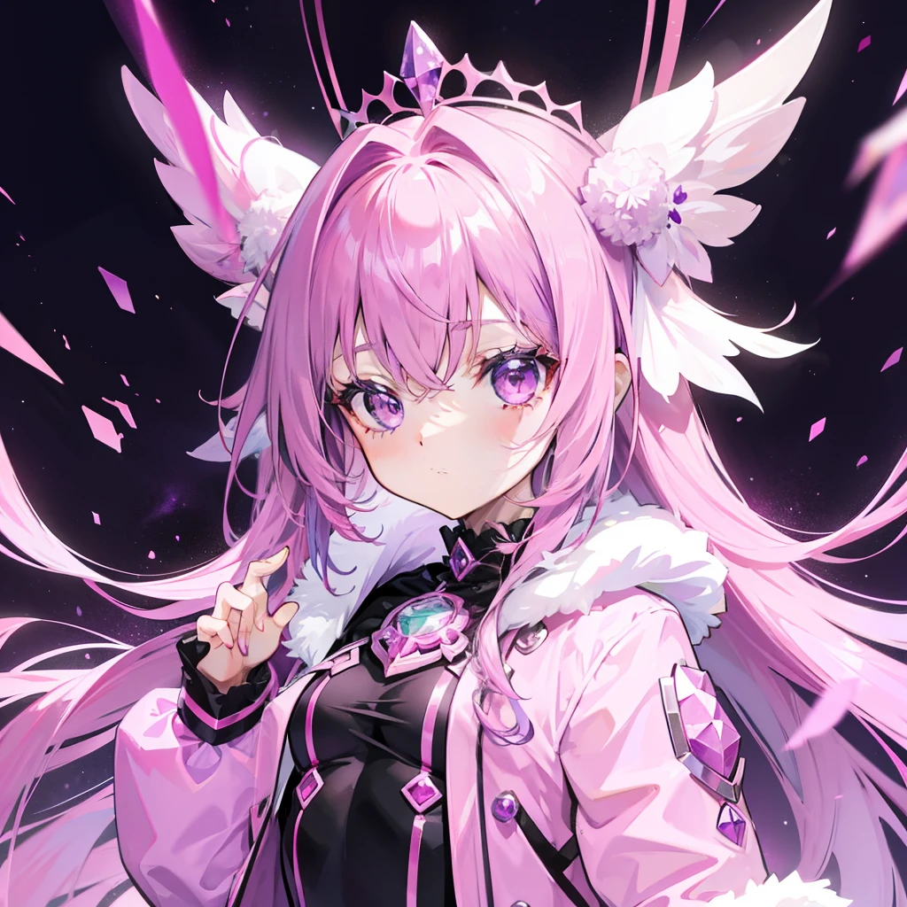 A pink-purple shiny hair，Purple-pink crystal eyes，A pink cotton coat，Dotted with many purple crystals，Looks lively, Cute and cute，This is a li sweet girl