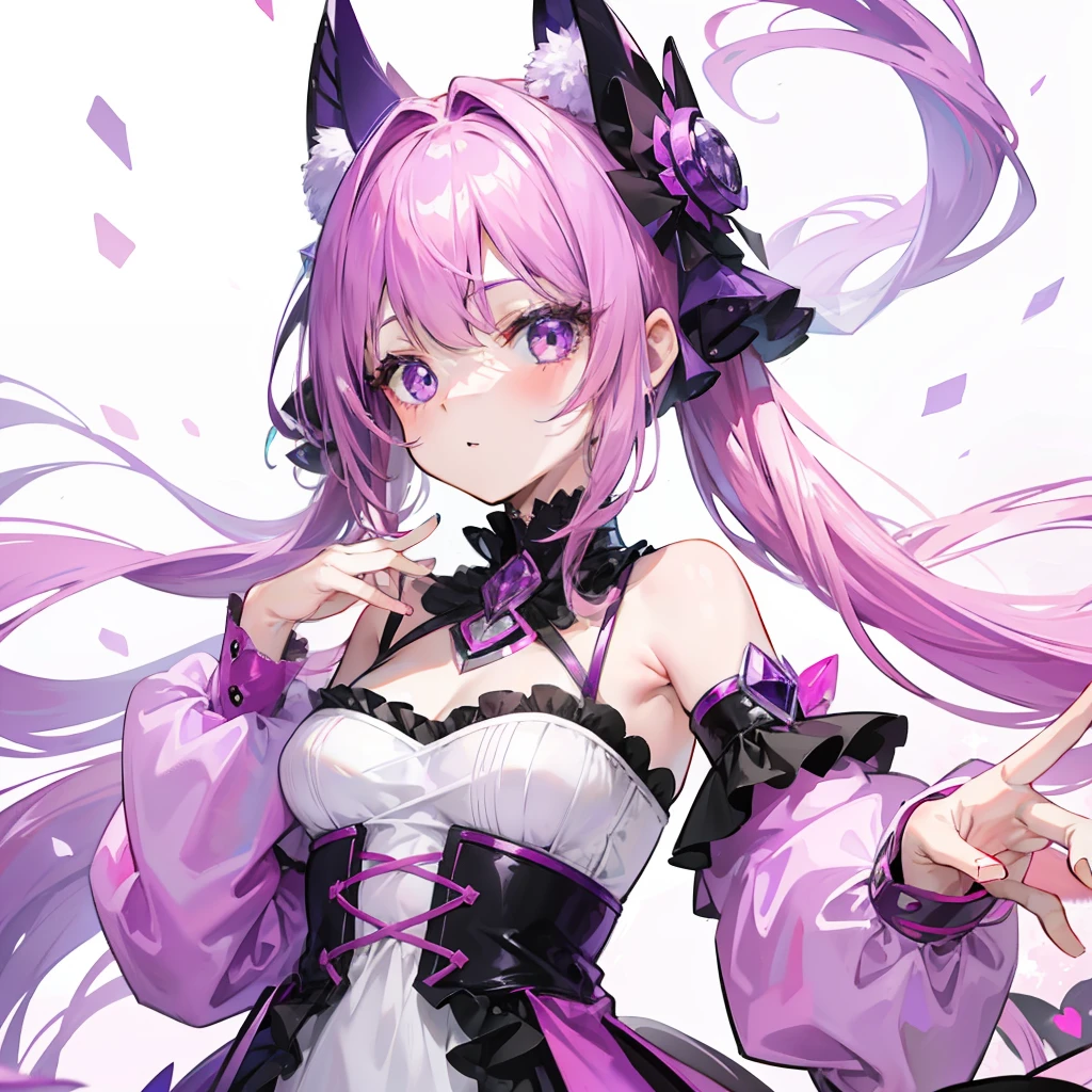 A pink-purple shiny hair,Purple-pink crystal eyes,A pink cotton coat,Dotted with many purple crystals,Looks lively, Cute and cute,This is a li sweet girl