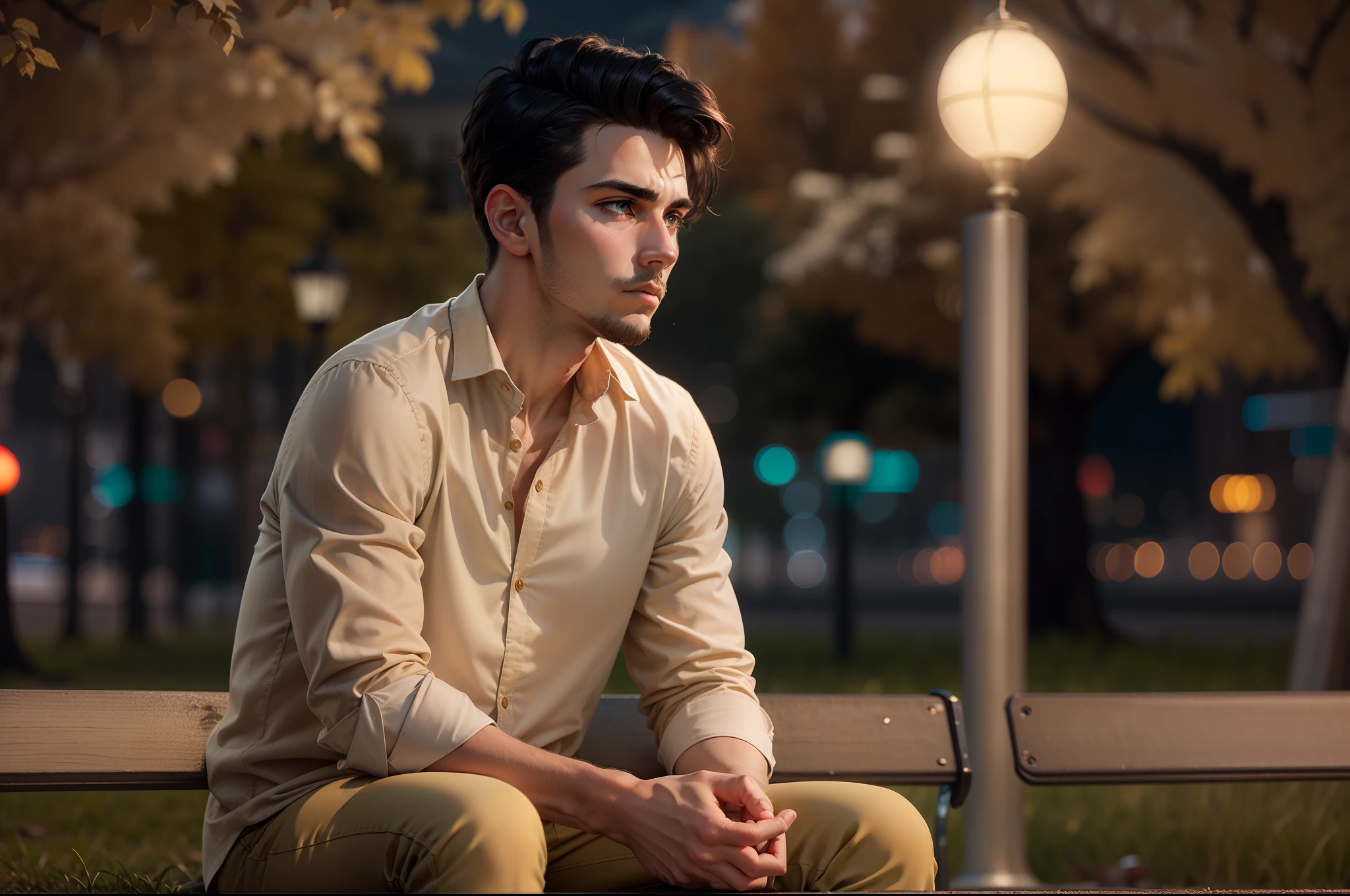 Ultra realistic 8k image of a slim 25-year-old man, short black hair, dressed in a beige button-up blouse and beige pants, pensive expression, sitting on a park bench in an empty square, during a cloudy night
